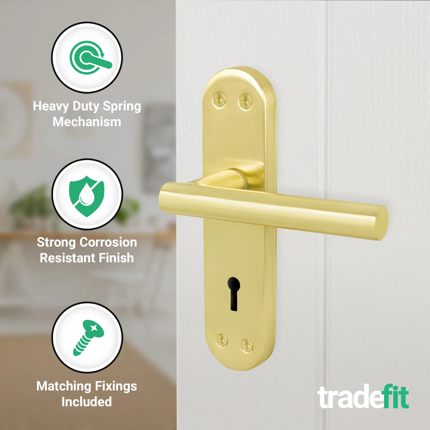 Olbia Satin Brass Lever on Backplate Door Handles - Keyhole - Image 3