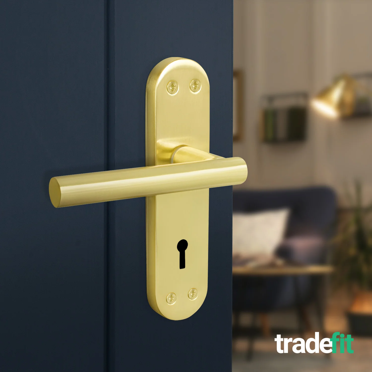Olbia Satin Brass Lever on Backplate Door Handles - Keyhole - Image 4