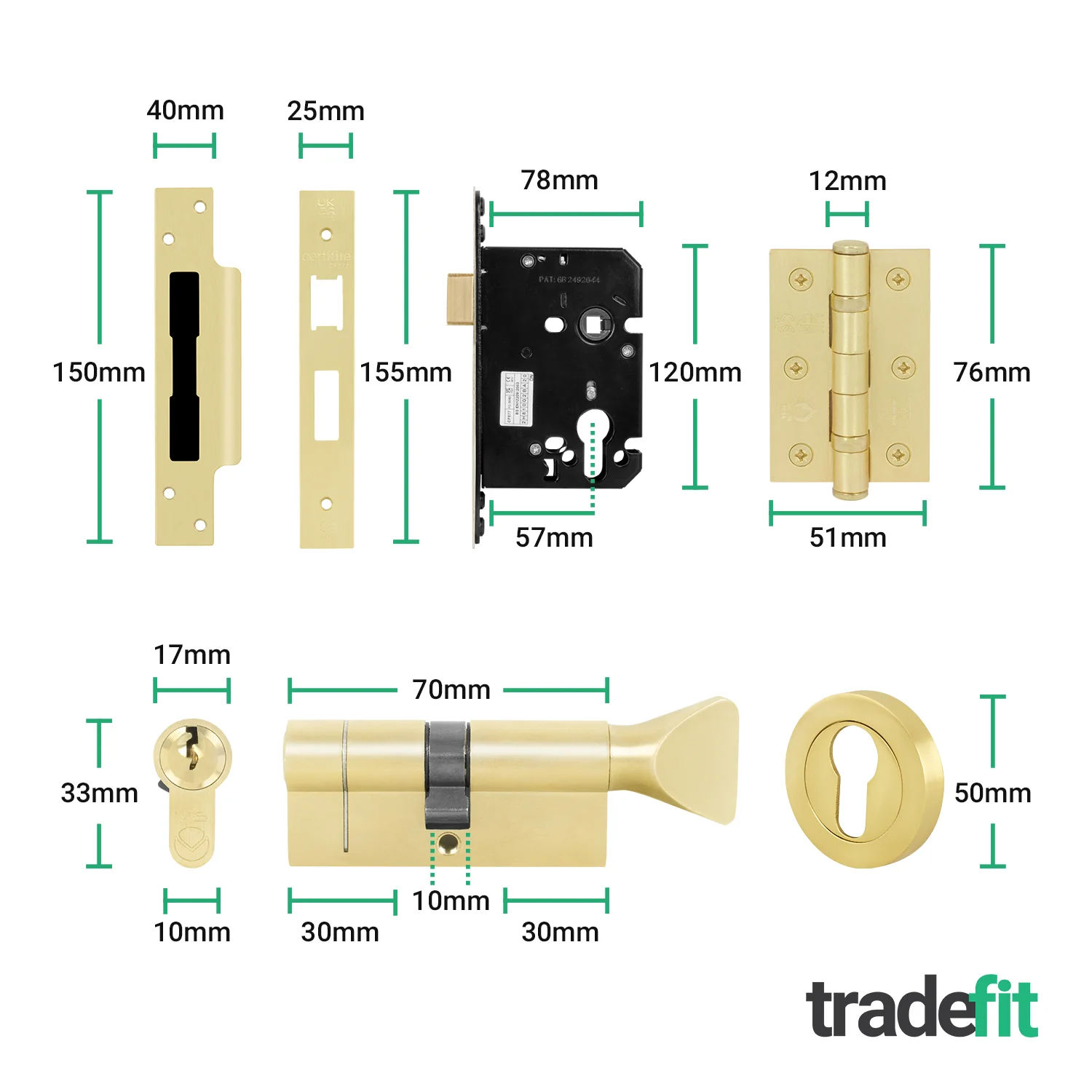 Olbia Satin Brass Lever on Rose Door Handle Kit - 80mm Euro Sashlock and Double Cylinder - Keyed Alike - Image 3
