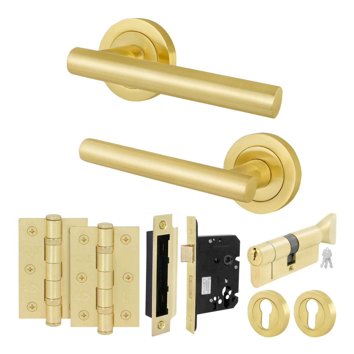 Olbia Satin Brass Lever on Rose Door Handle Kit - 80mm Euro Sashlock and Double Cylinder - Keyed to Differ