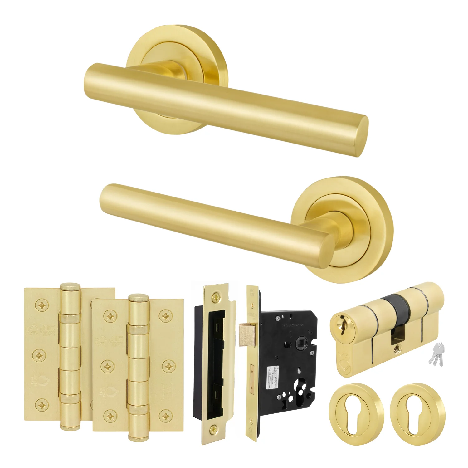 Olbia Satin Brass Lever on Rose Door Handle Kit - 80mm Euro Sashlock and Thumbturn Cylinder - Master Keyed