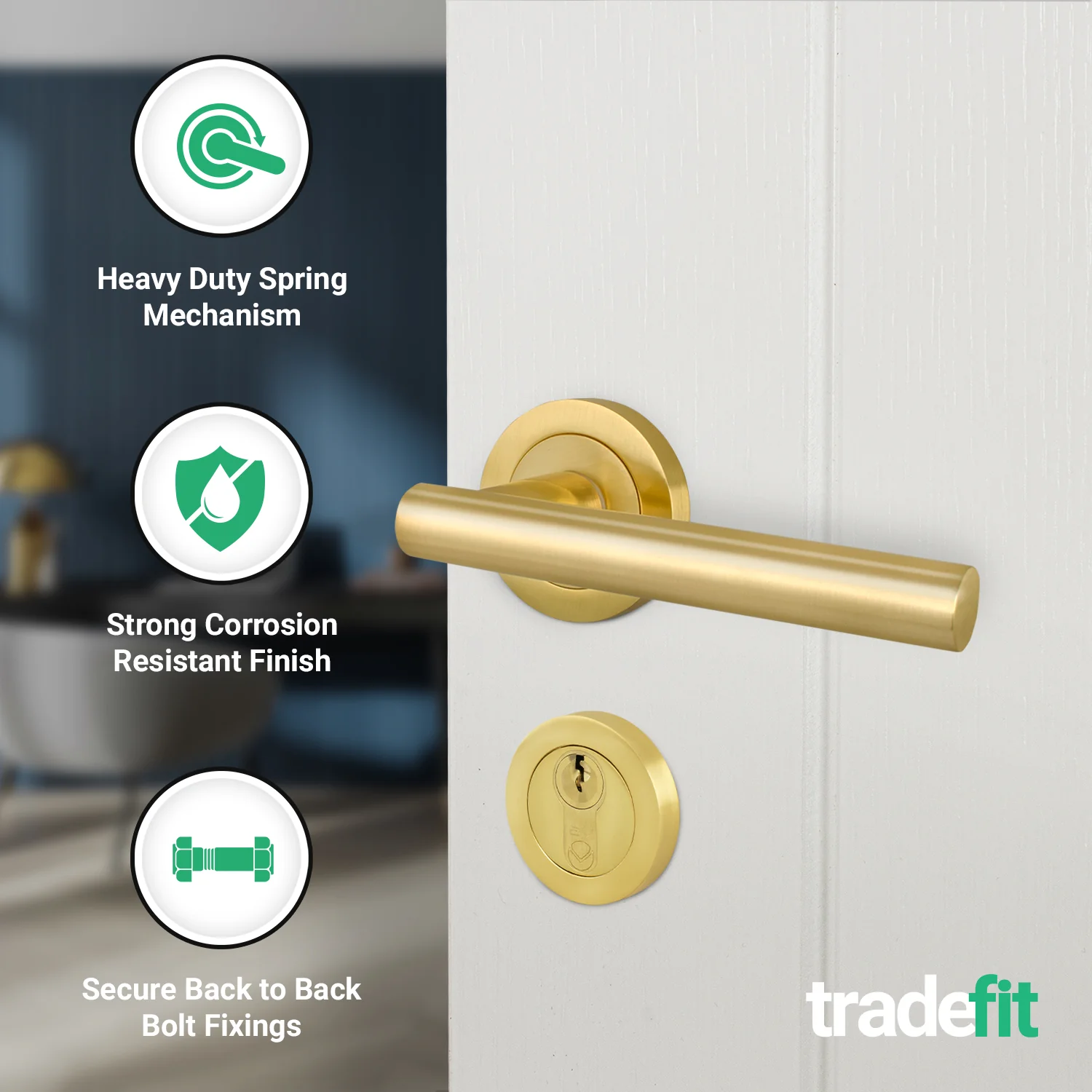 Olbia Satin Brass Lever on Rose Door Handle Kit - 80mm Euro Sashlock and Thumbturn Cylinder - Master Keyed - Image 4
