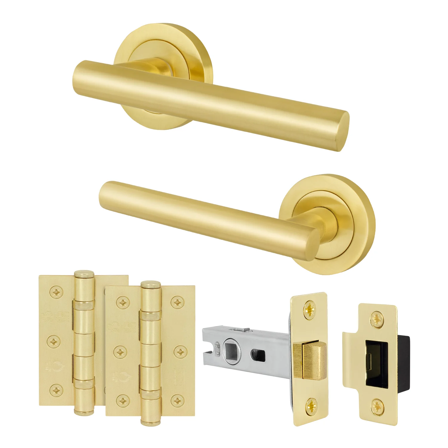 Olbia Satin Brass Lever on Rose Door Handle Pack - 64mm Latch