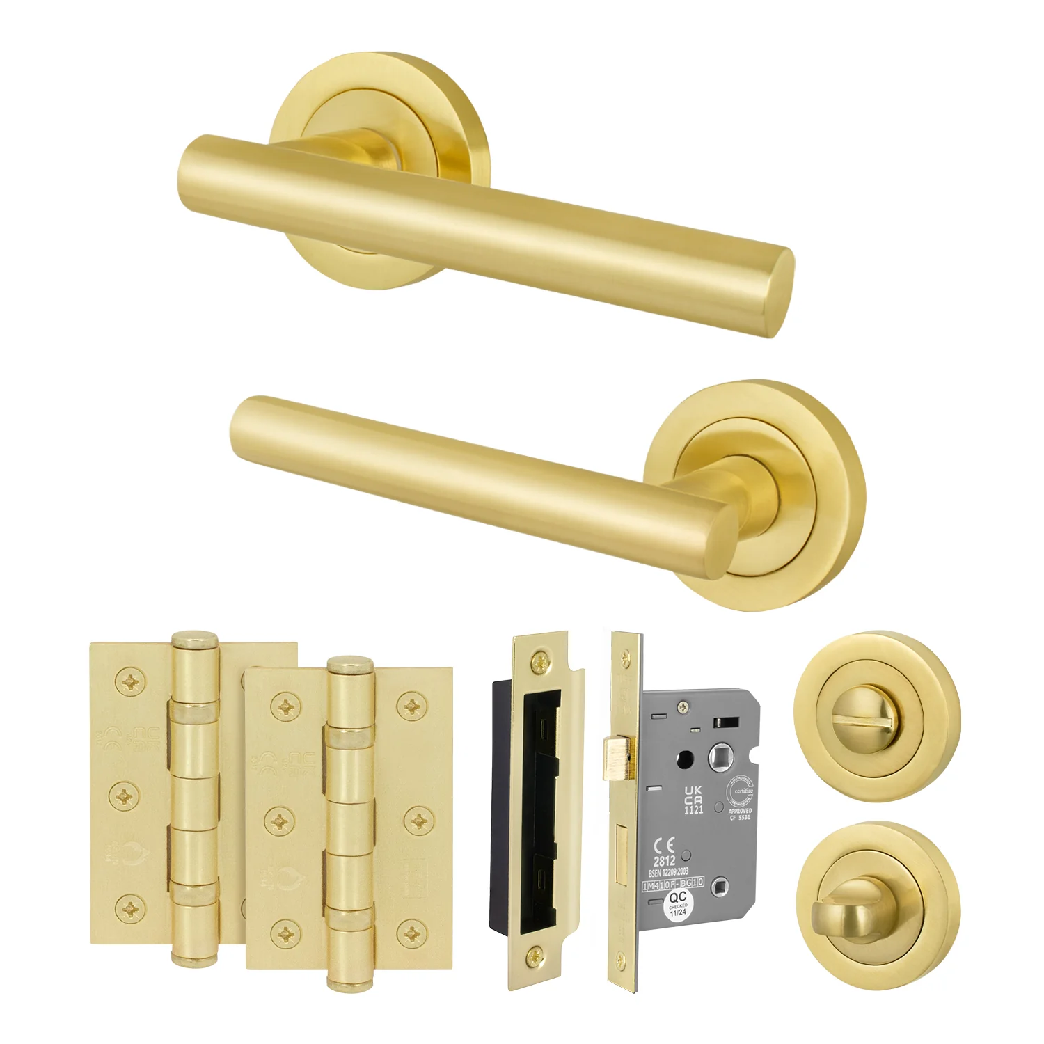 Olbia Satin Brass Lever on Rose Door Handle Pack - 80mm Bathroom Lock