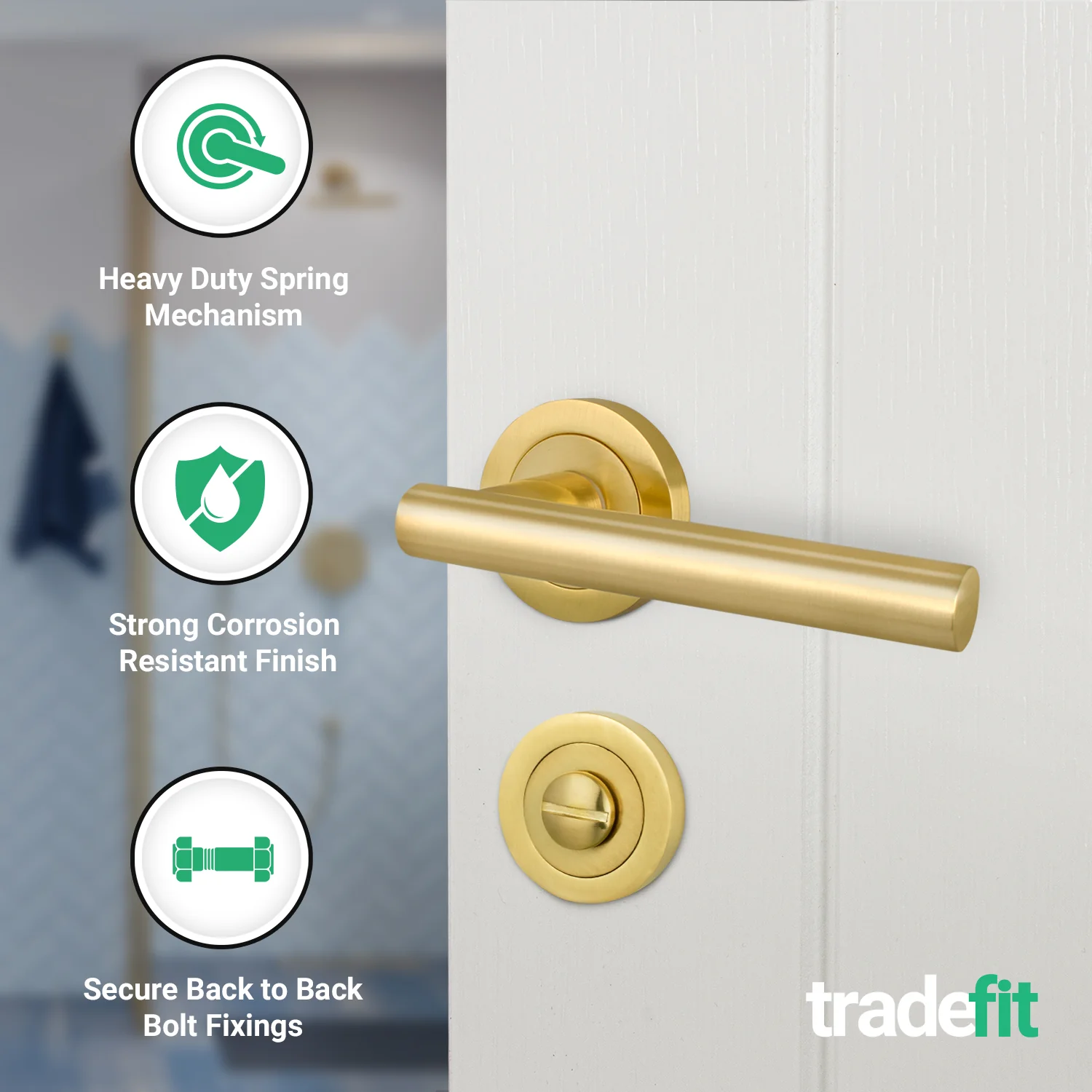 Olbia Satin Brass Lever on Rose Door Handle Pack - 80mm Bathroom Lock - Image 4