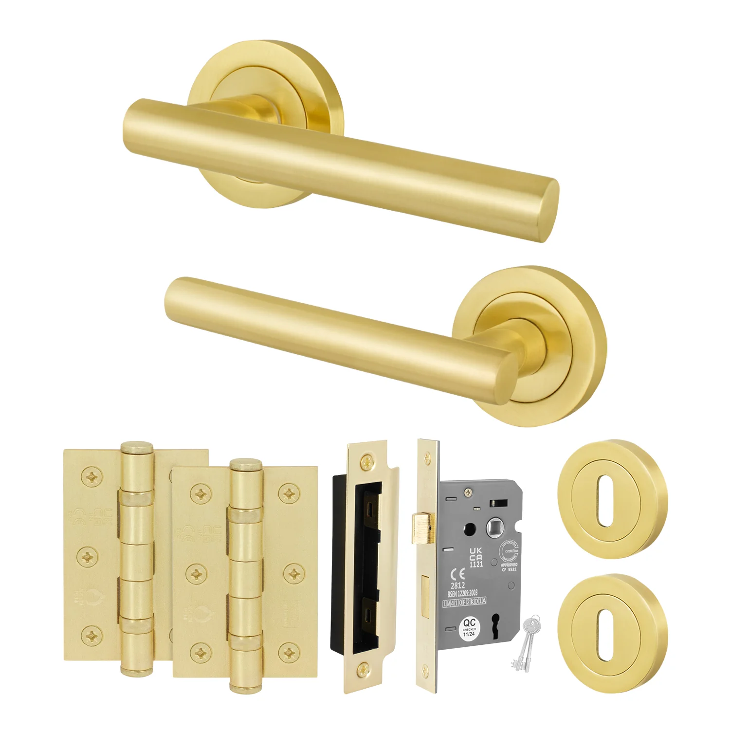 Olbia Satin Brass Lever on Rose Door Handle Pack - 80mm Sashlock
