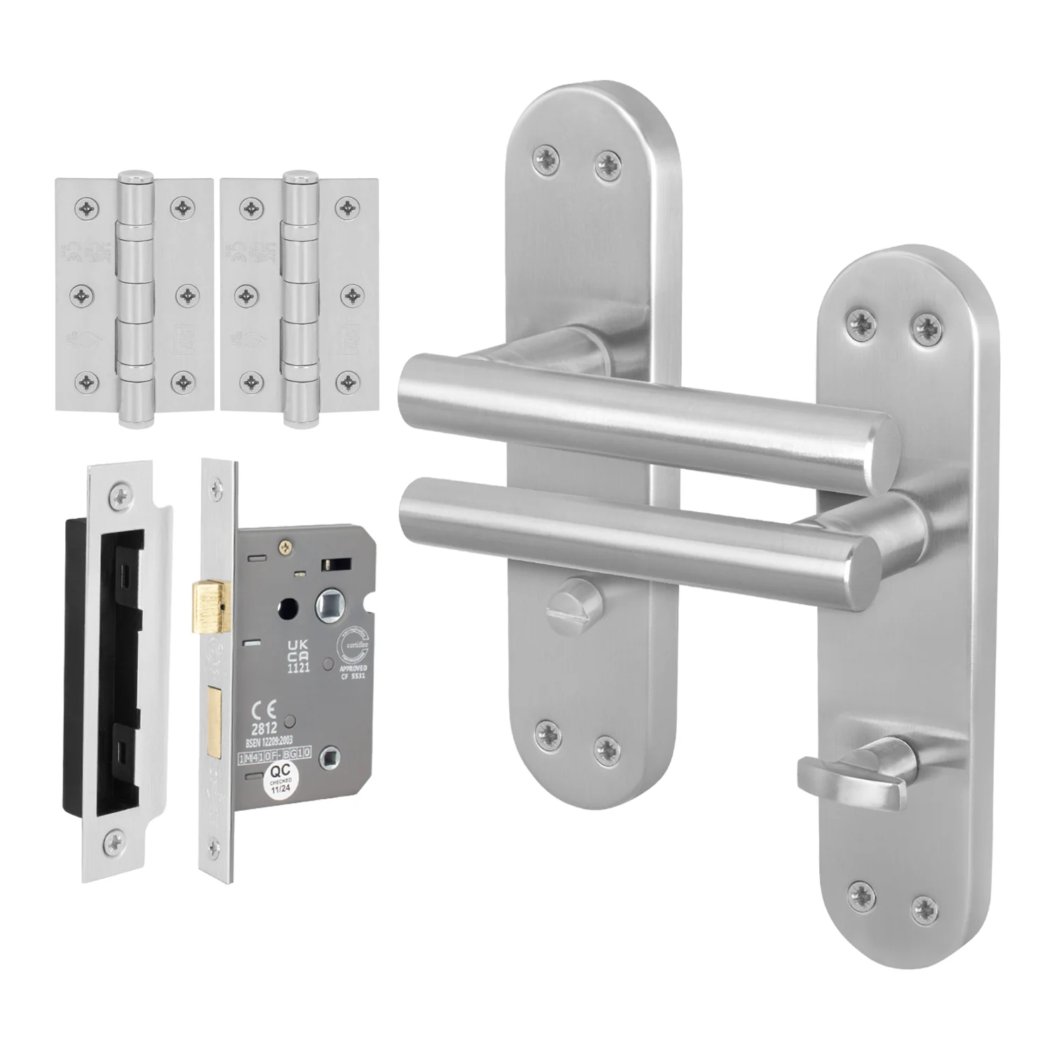 Olbia Satin Nickel Lever on Backplate Door Handle Pack – 64mm Bathroom Lock