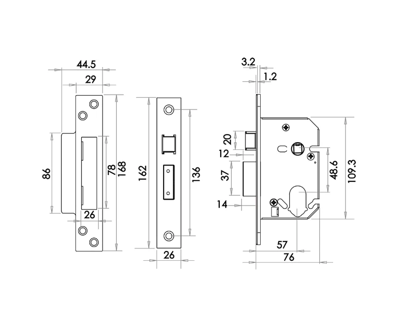 Oval Profile Sashlock Case - 76mm Case 57mm Backset - Polished Brass - Image 2