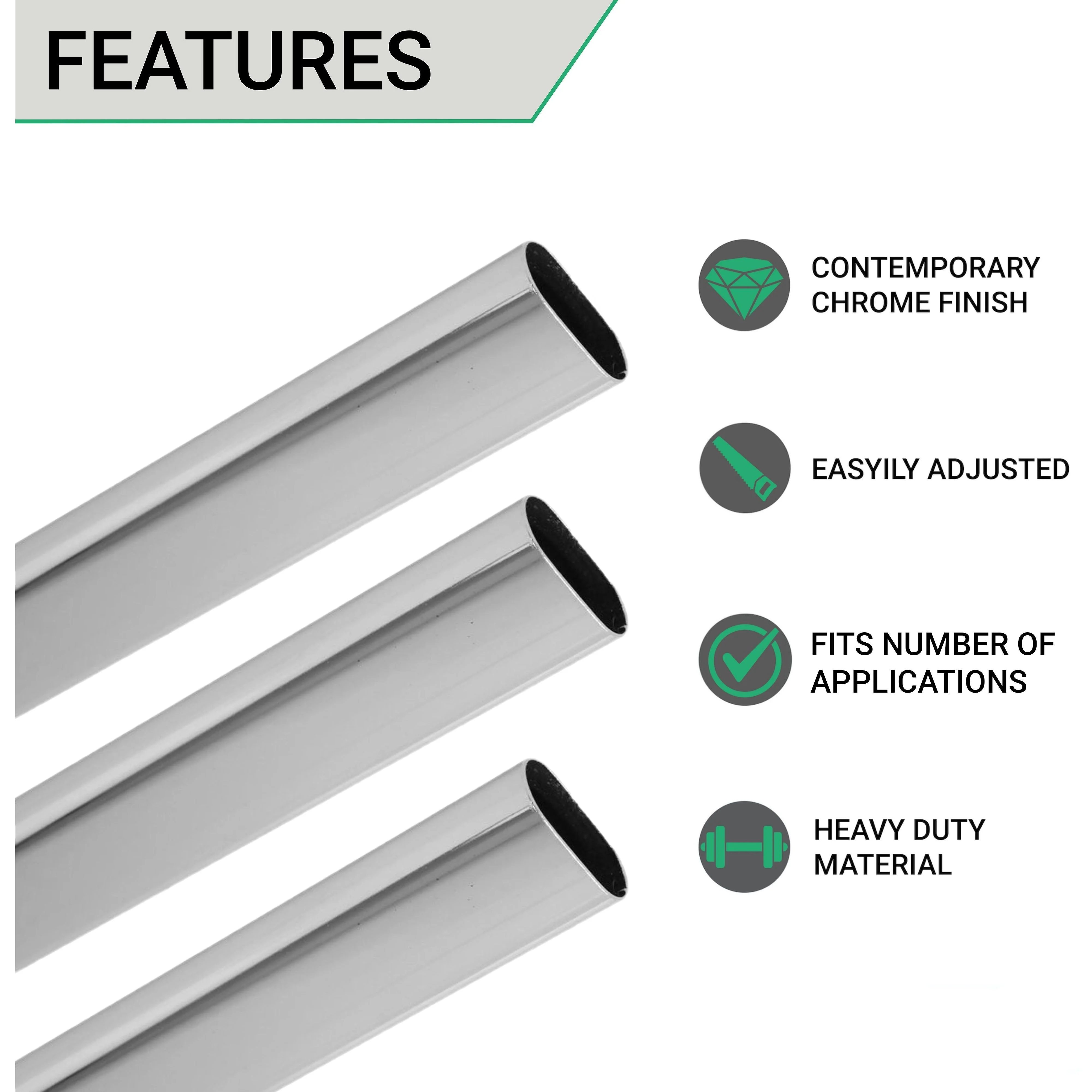 Wardrobe Rail - Oval - 30 x 15 x 1829mm - Chrome Plated - Image 3