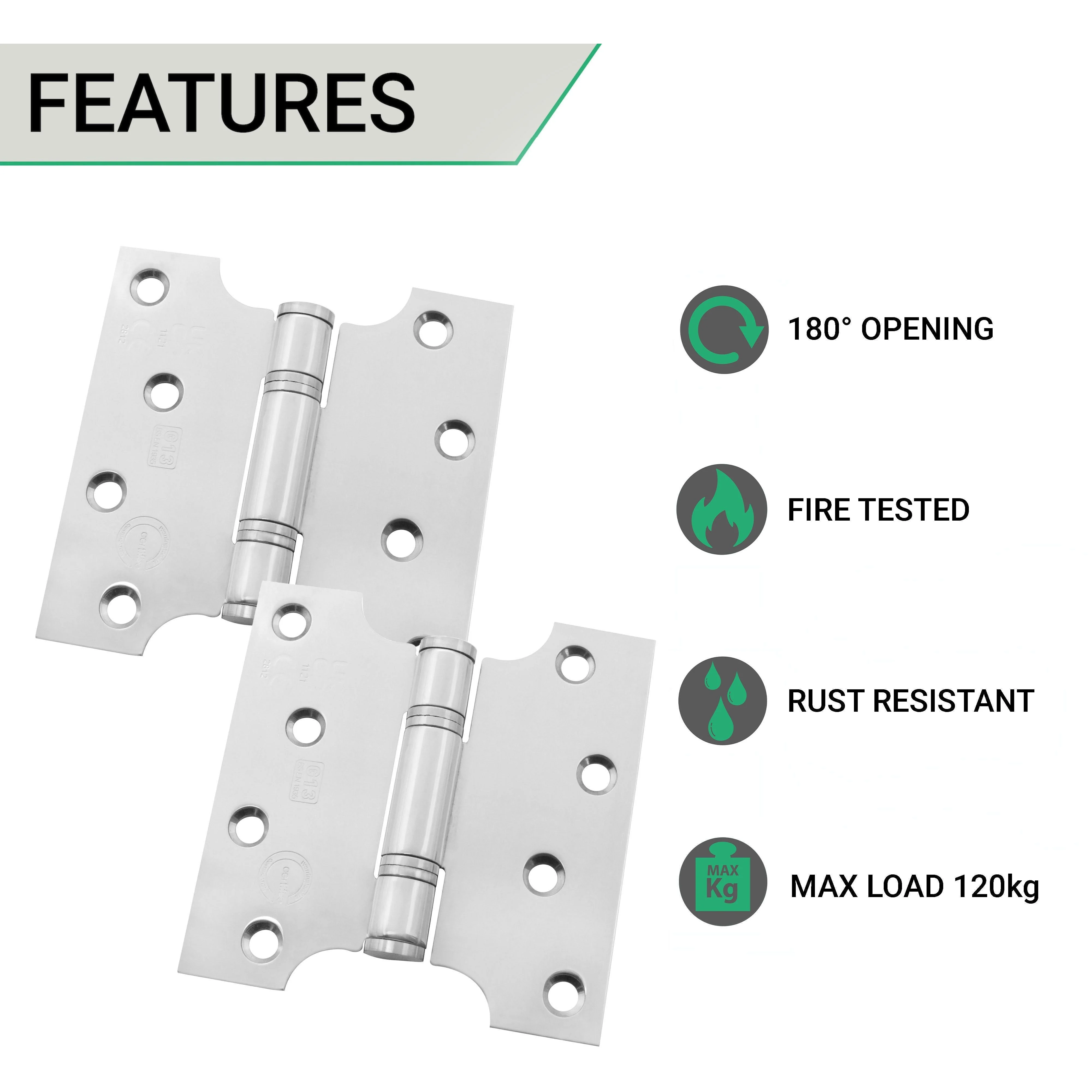 Parliament Projection Fire Door Hinges 4" Grade 13 - 102x51x102x3mm - Polished Stainless Steel - Image 2