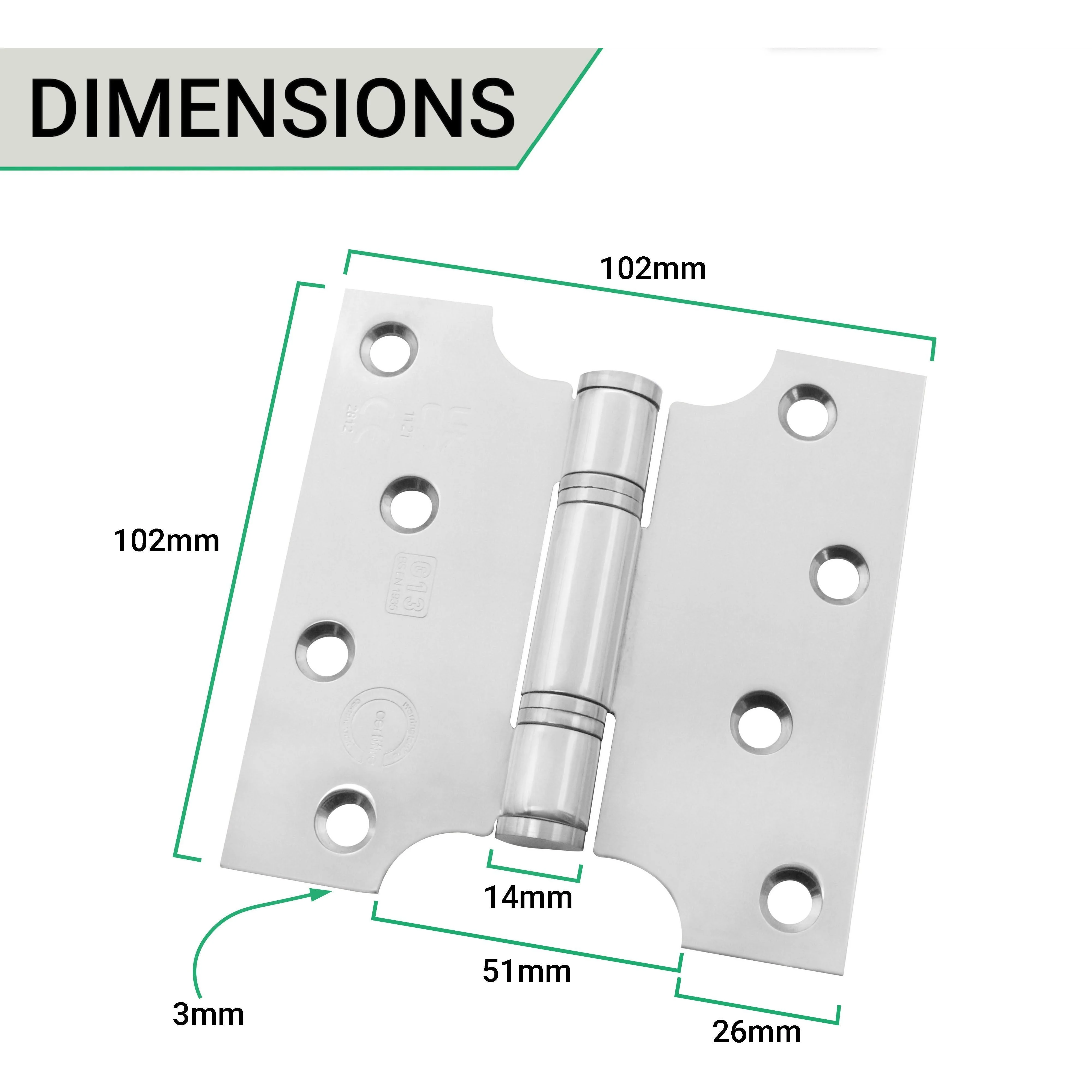 Parliament Projection Fire Door Hinges 4" Grade 13 - 102x51x102x3mm - Polished Stainless Steel - Image 4