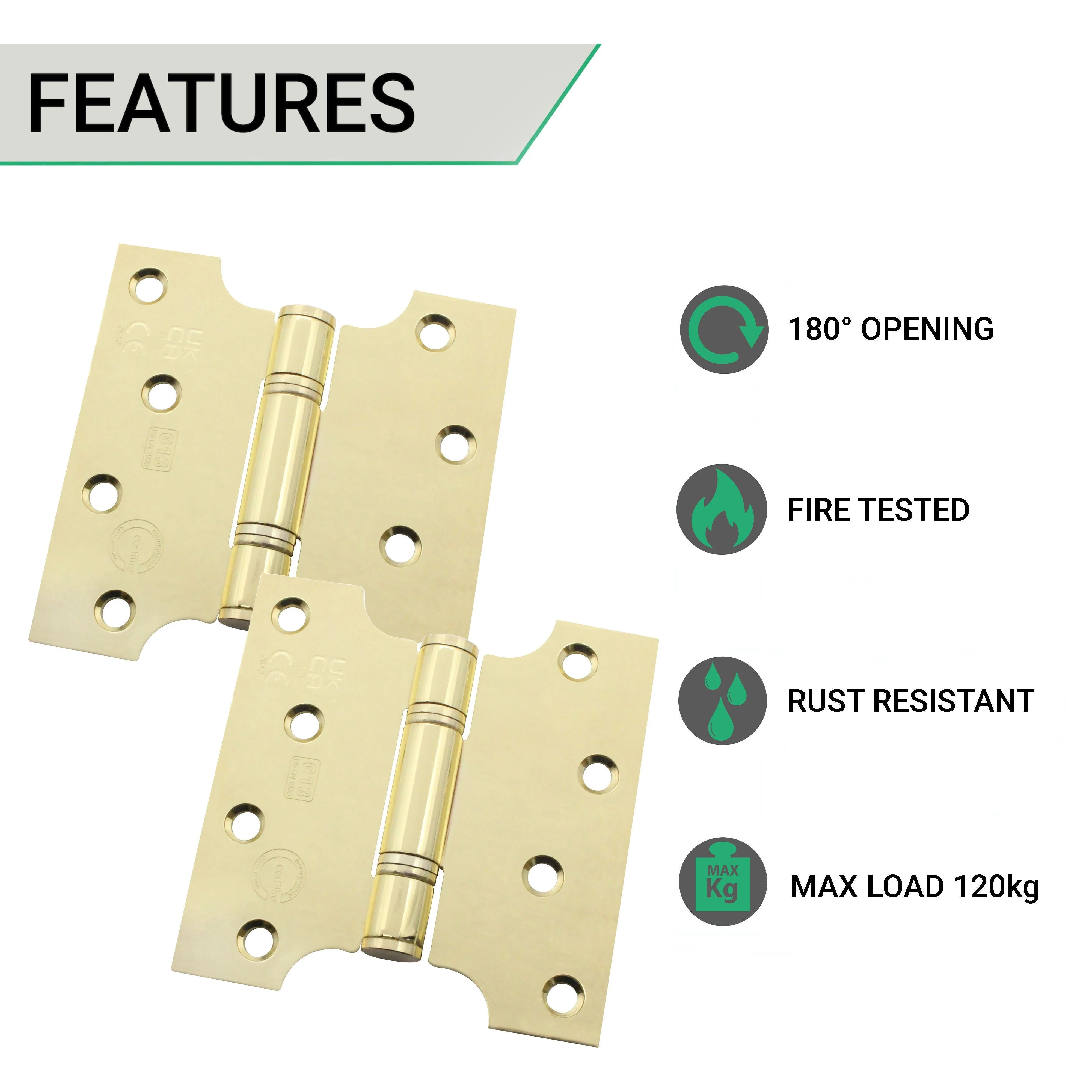 Parliament Projection Fire Door Hinges 4" Grade 13 - 102x51x102x3mm - PVD Brass - Image 3