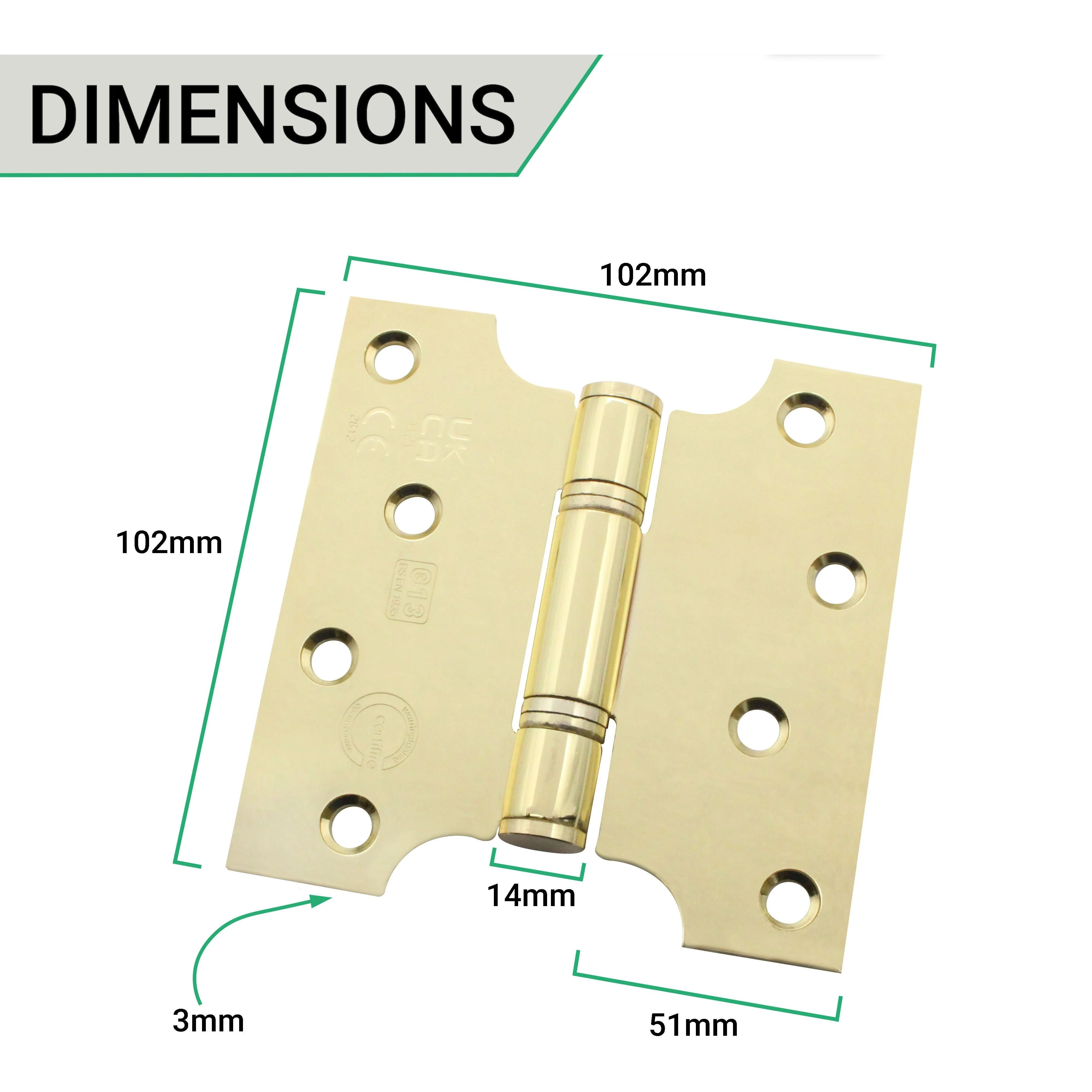 Parliament Projection Fire Door Hinges 4" Grade 13 - 102x51x102x3mm - PVD Brass - Image 5