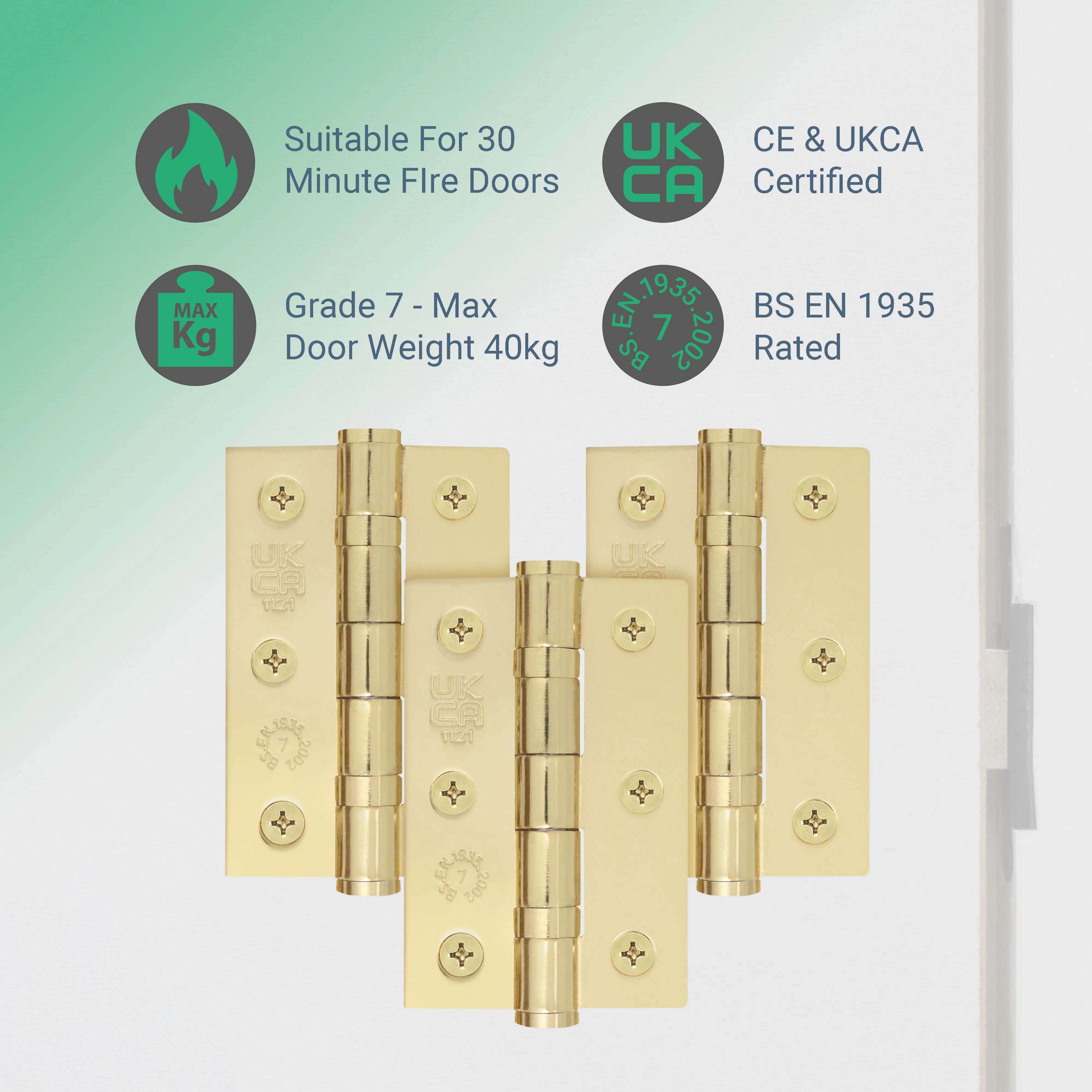 Polished Brass Fire Door Hinges - 3 Inch/76mm - Grade 7 Steel Ball Bearing - Pack of 3 Hinges - Image 2