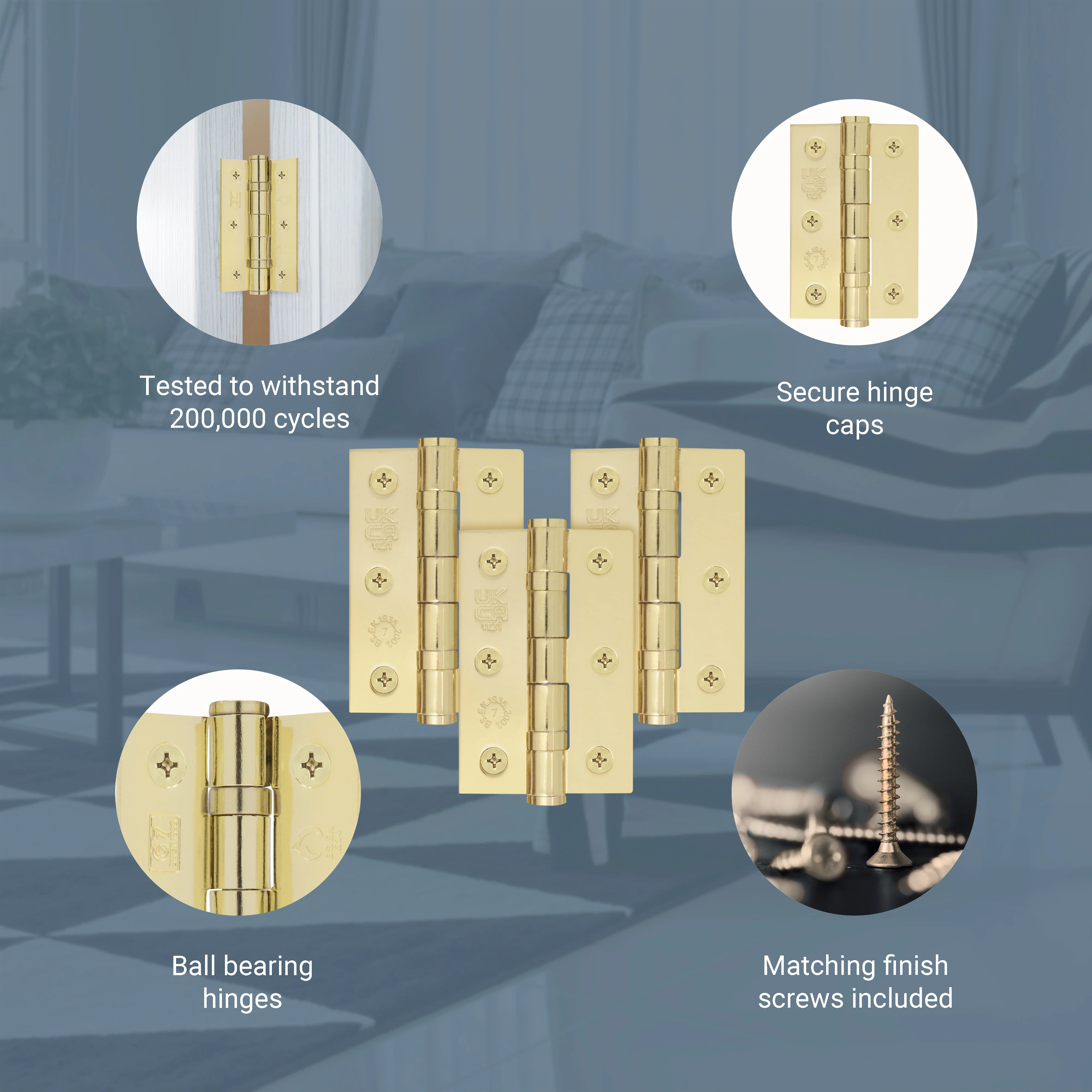 Polished Brass Fire Door Hinges - 3 Inch/76mm - Grade 7 Steel Ball Bearing - Pack of 3 Hinges - Image 4