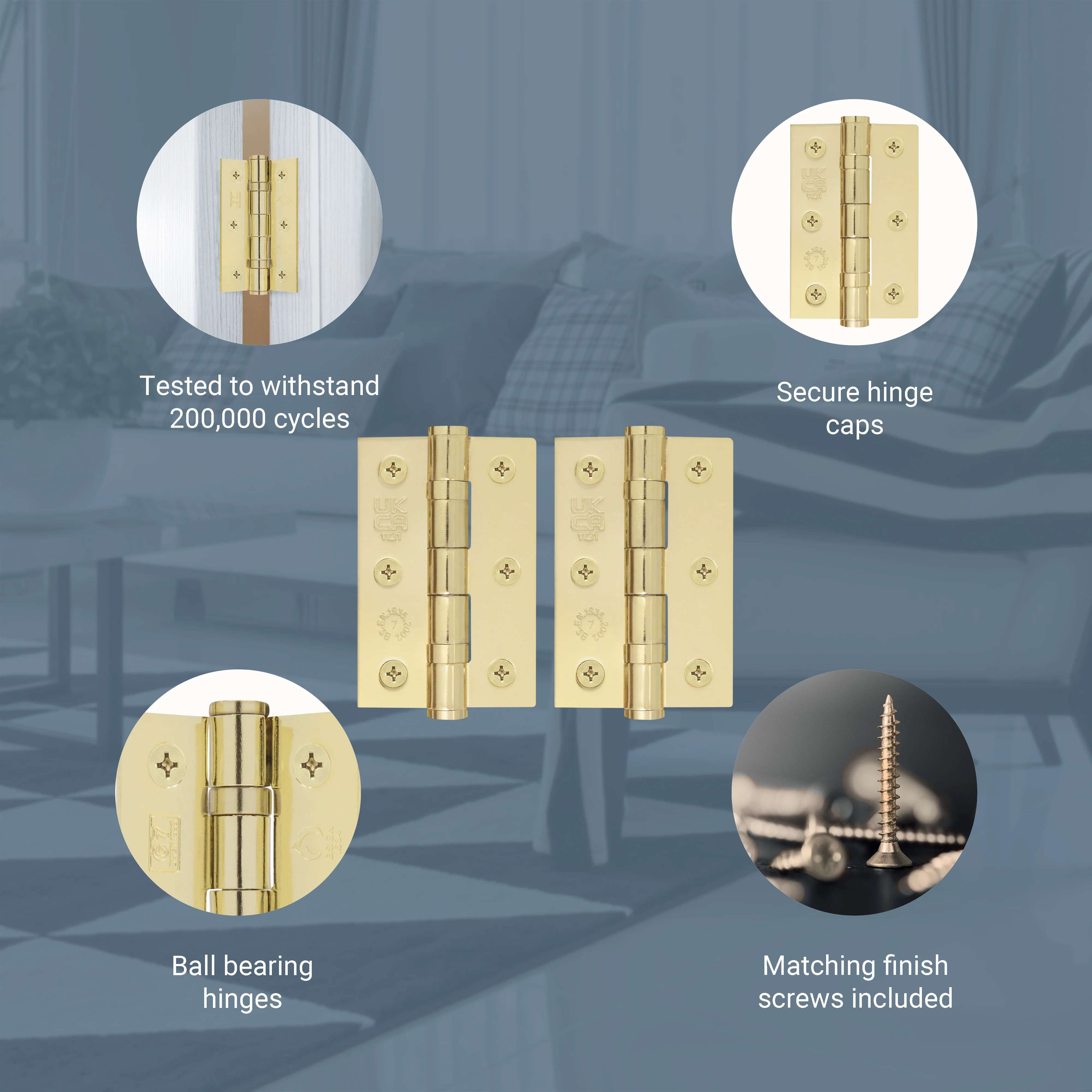 Polished Brass Fire Door Hinges - 3 Inch/76mm - Grade 7 Steel Ball Bearing - Pair - Image 3