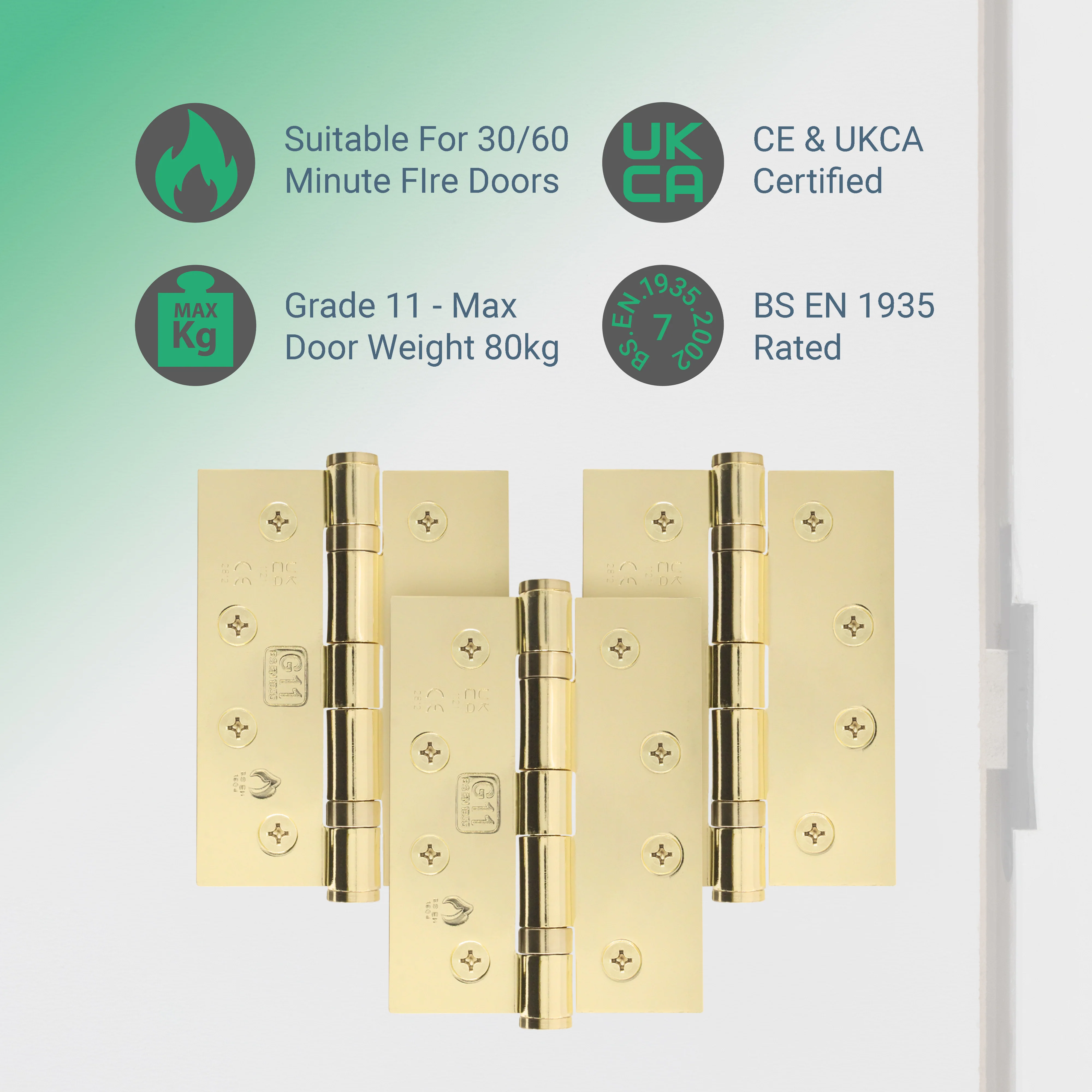 Polished Brass Fire Door Hinges – 4 Inch/102mm – Grade 11 Steel Ball Bearing – Pack of 3 Hinges - Image 2
