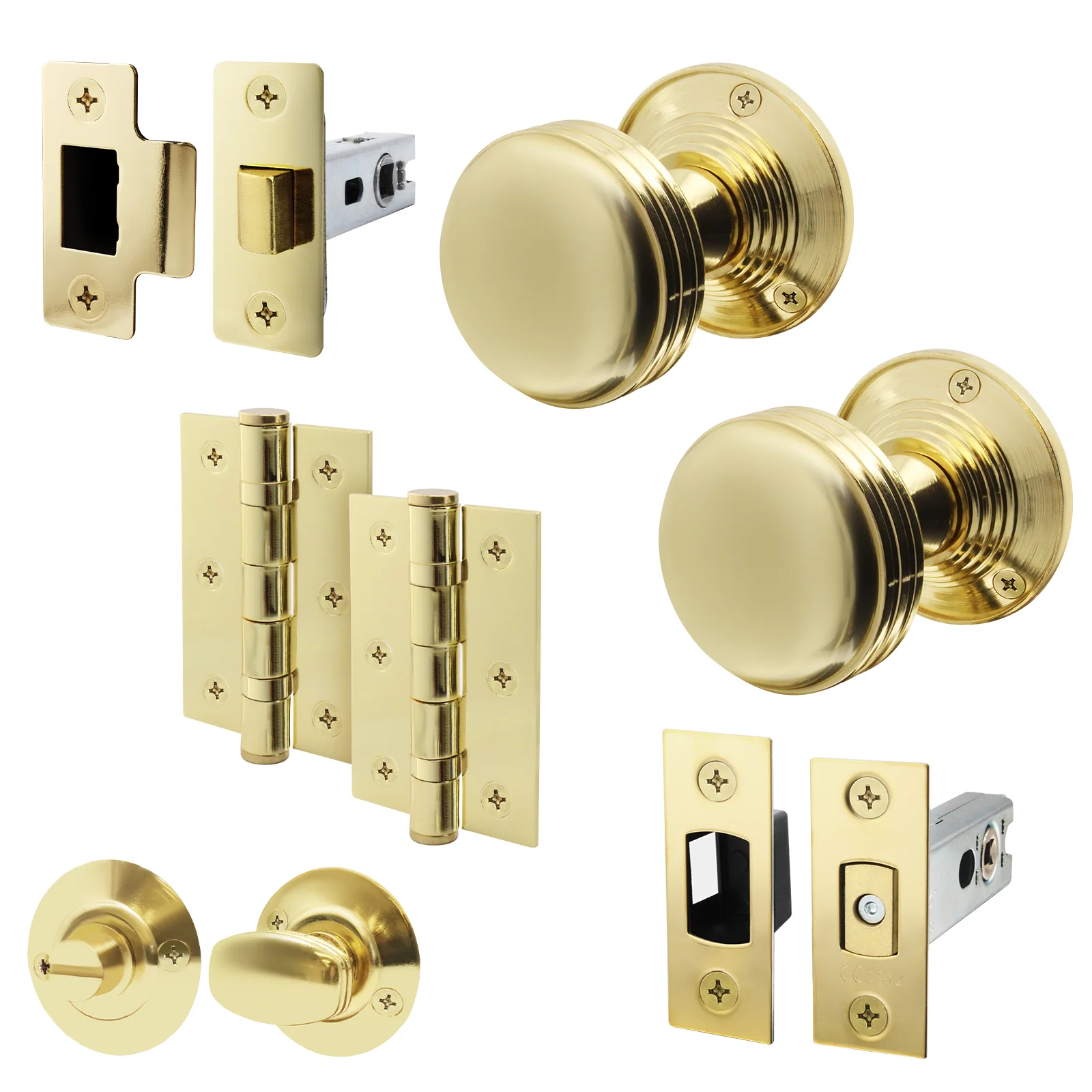 Victorian Ringed Polished Brass Mortice Door Knob Kit - 76mm Bathroom Deadbolt