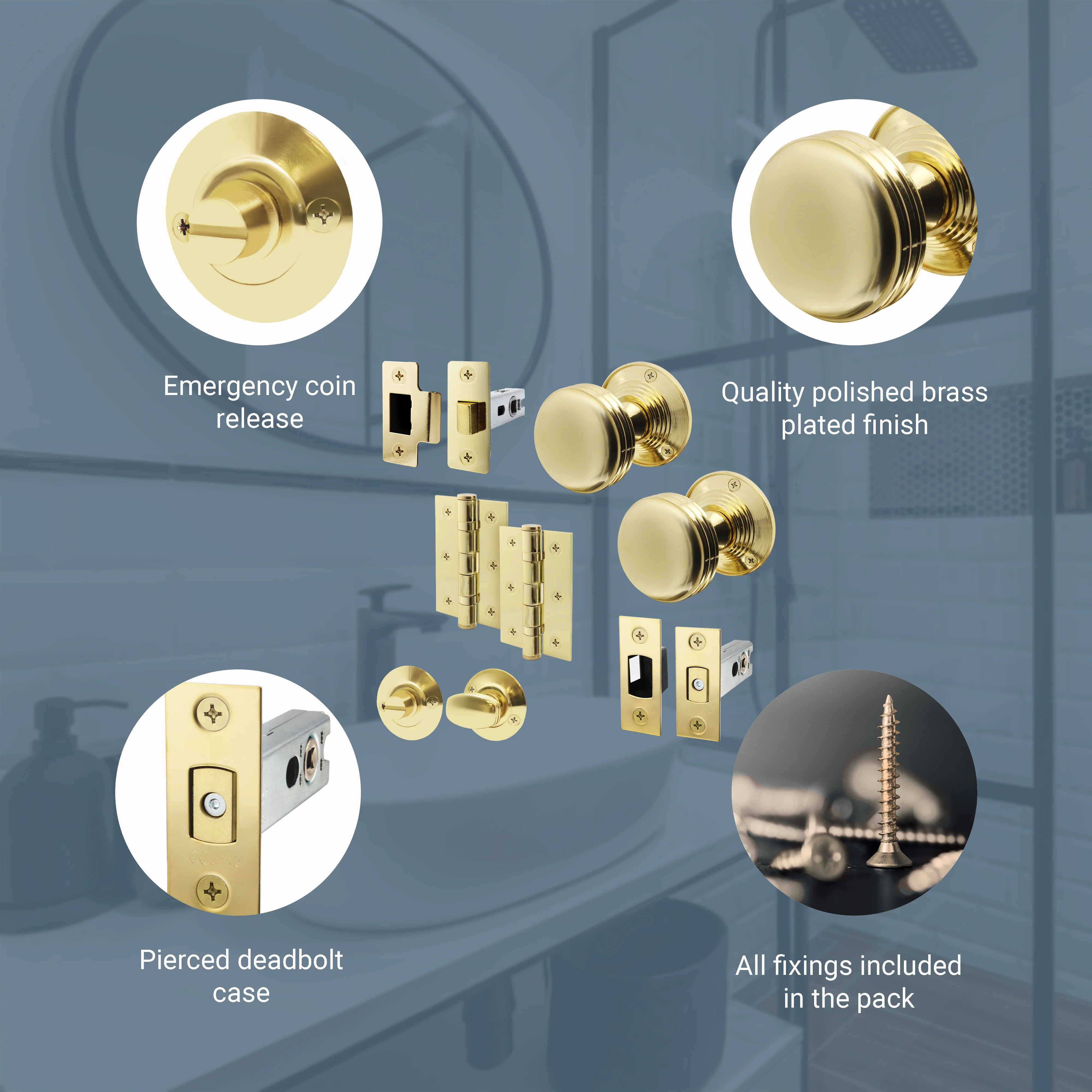 Victorian Ringed Polished Brass Mortice Door Knob Kit - 76mm Bathroom Deadbolt - Image 4