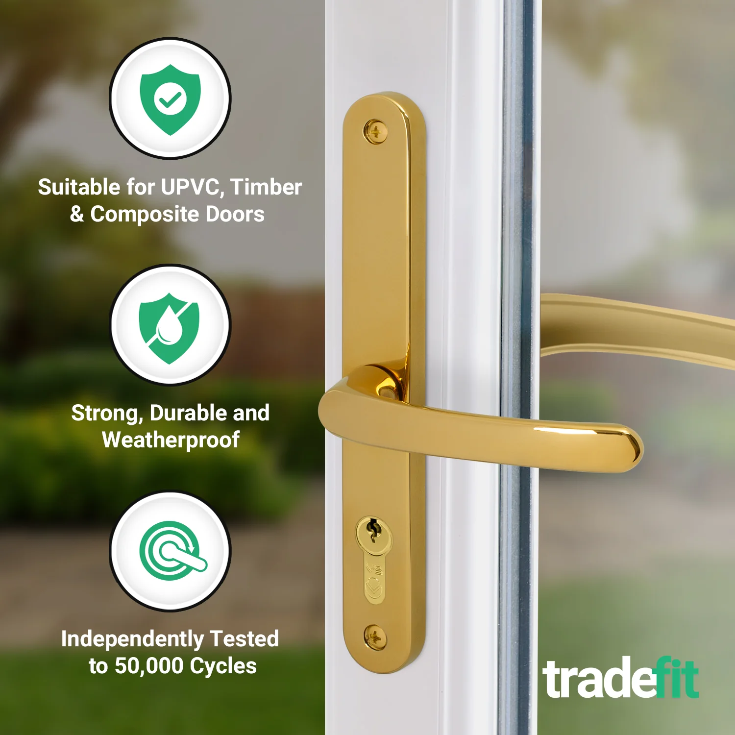 Polished Brass UPVC Door Handles - 68mm PZ Centres - 215mm Fixing Centres - 246 x 32mm - Image 3