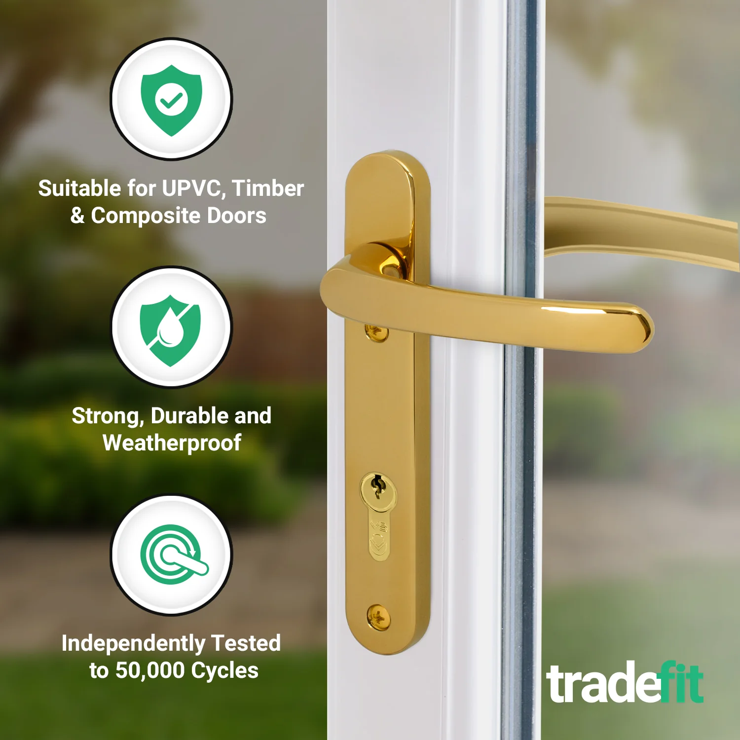 Polished Brass UPVC Door Handles - 92mm PZ Centres - 122mm Fixing Centres - 212 x 32mm - Image 3