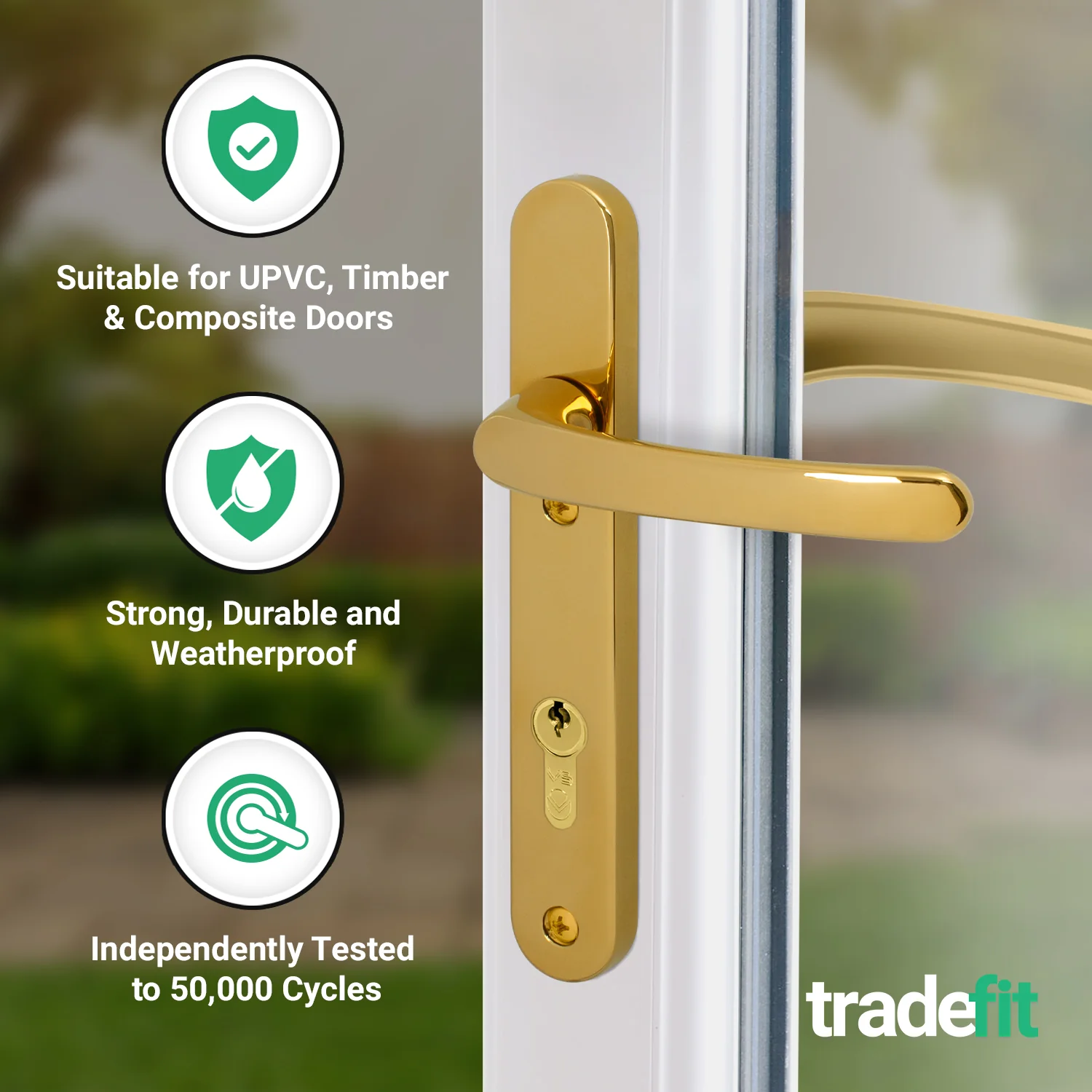 Polished Brass UPVC Door Handles - 92mm PZ Centres - 122mm Fixing Centres - 245 x 34mm - Image 3