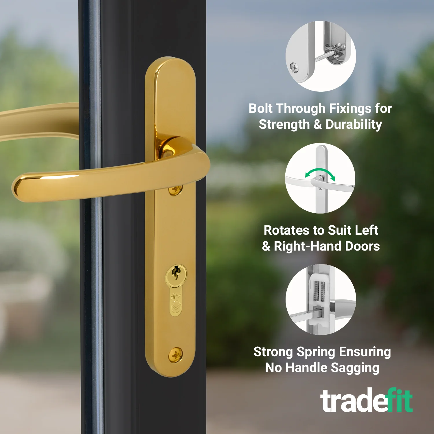 Polished Brass UPVC Door Handles - 92mm PZ Centres - 122mm Fixing Centres - 245 x 34mm - Image 4