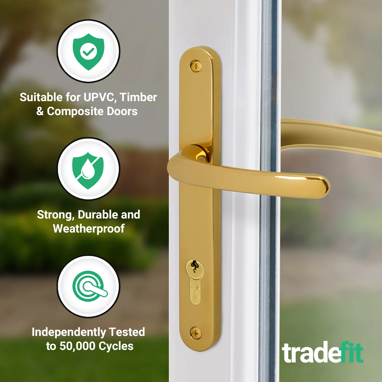 Polished Brass UPVC Door Handles - 92mm PZ Centres - 215mm Fixing Centres - 246 x 32mm - Image 3