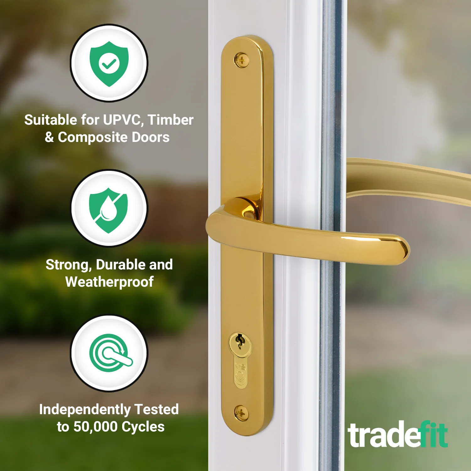 Polished Brass UPVC Door Handles - 92mm PZ Centres - 240mm Fixing Centres - 270 x 32mm - Image 3