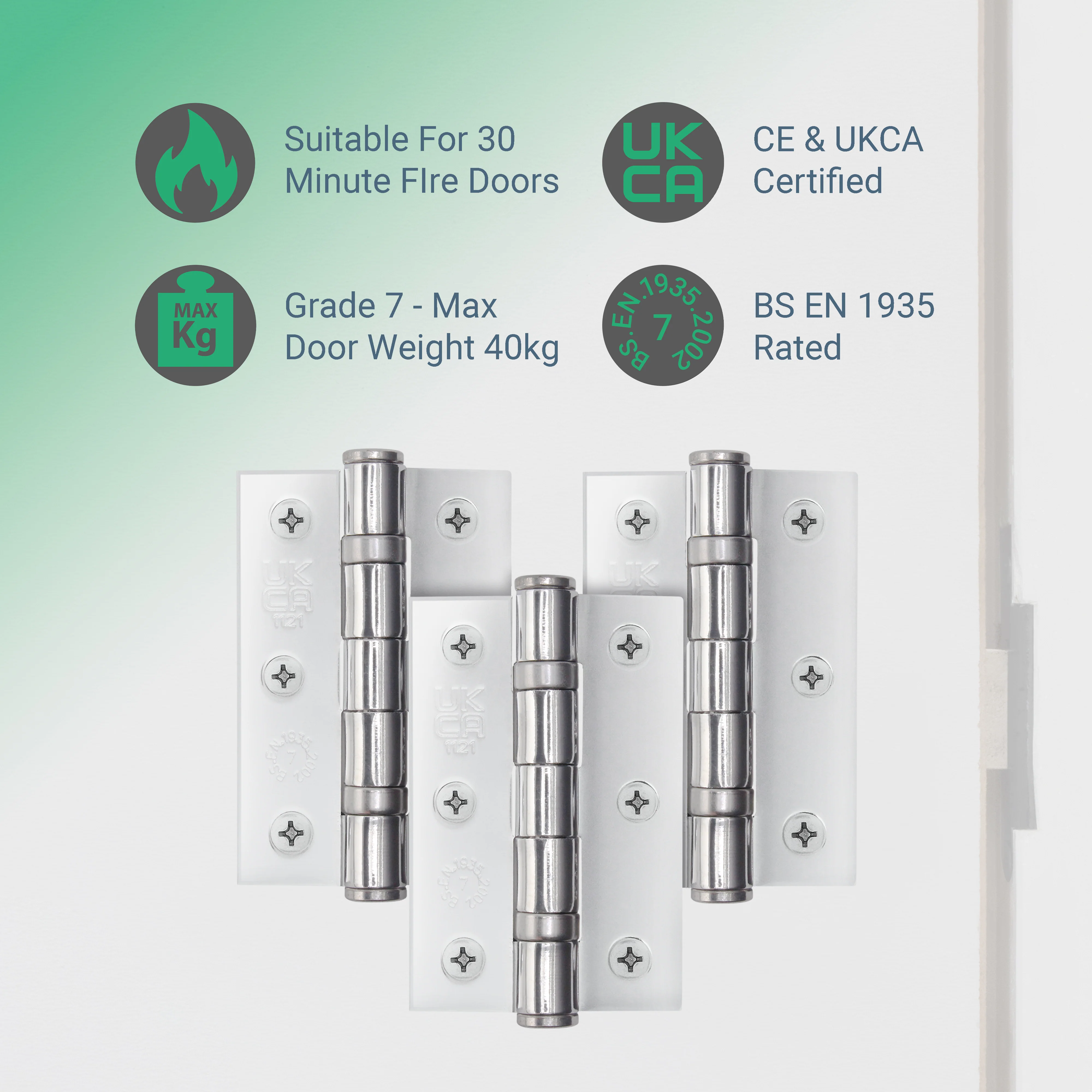 Polished Chrome Fire Door Hinges - 3 Inch/76mm - Grade 7 Steel Ball Bearing - Pack of 3 Hinges - Image 2