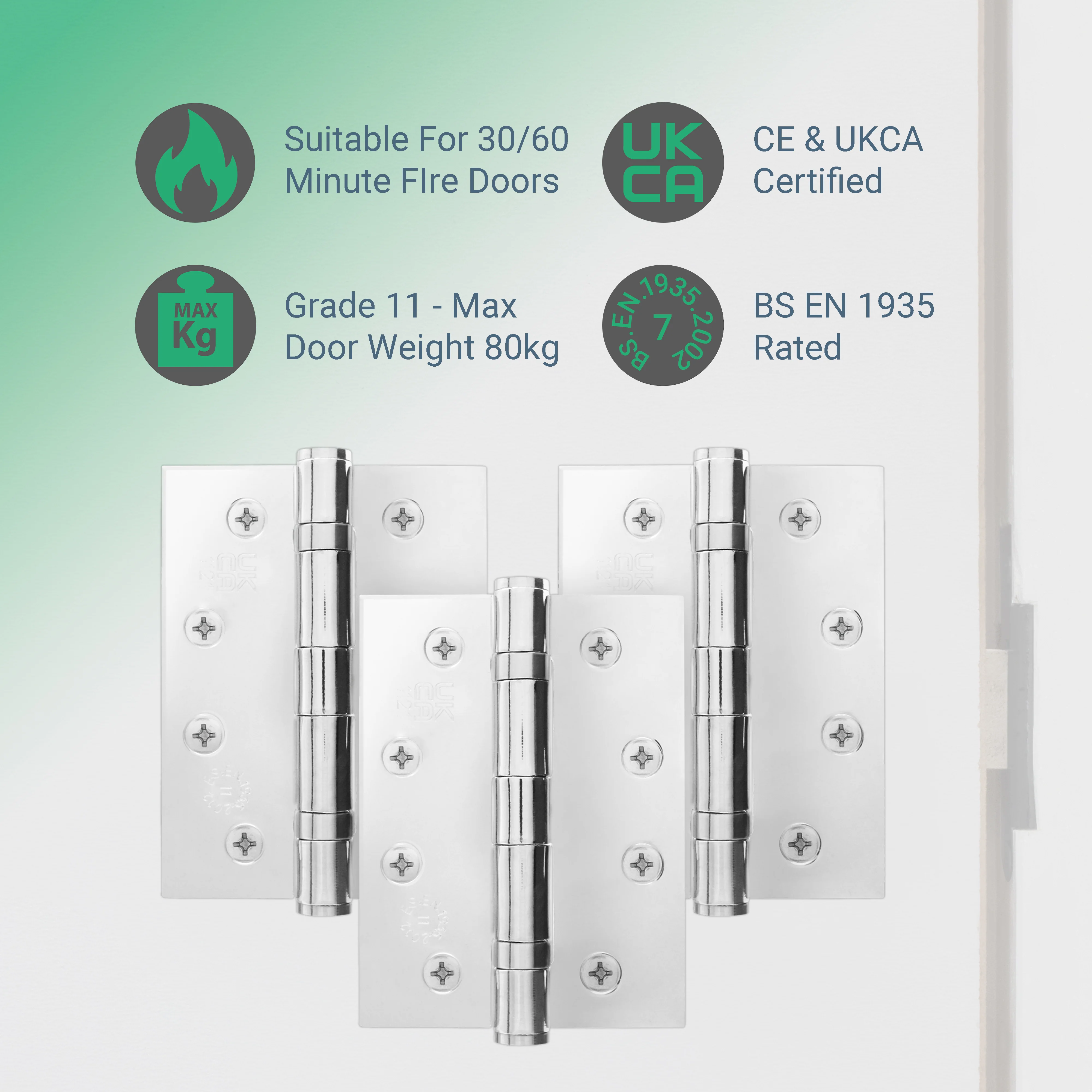 Polished Chrome Fire Door Hinges – 4 Inch/102mm – Grade 11 Steel Ball Bearing – Pack of 3 Hinges - Image 2