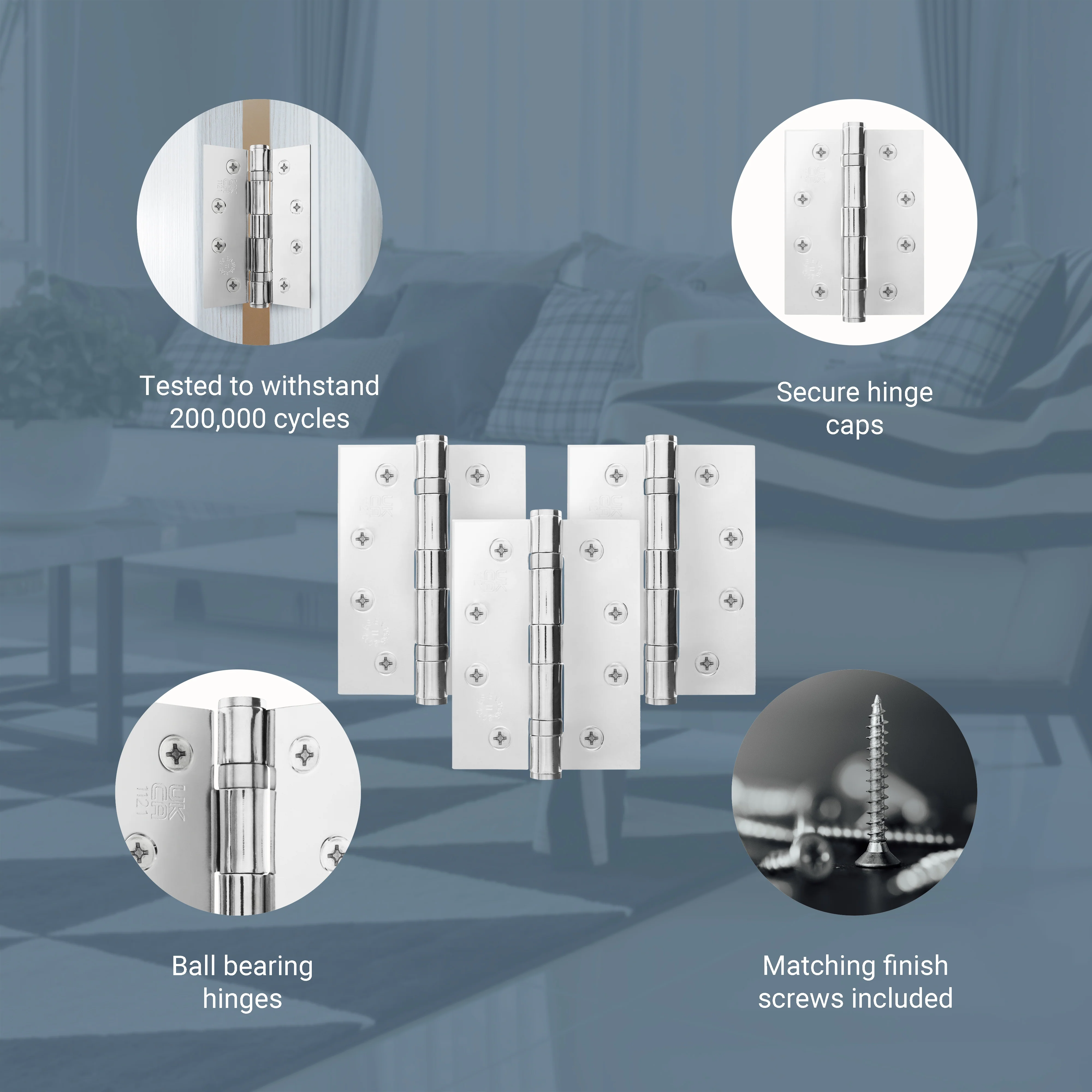Polished Chrome Fire Door Hinges – 4 Inch/102mm – Grade 11 Steel Ball Bearing – Pack of 3 Hinges - Image 4