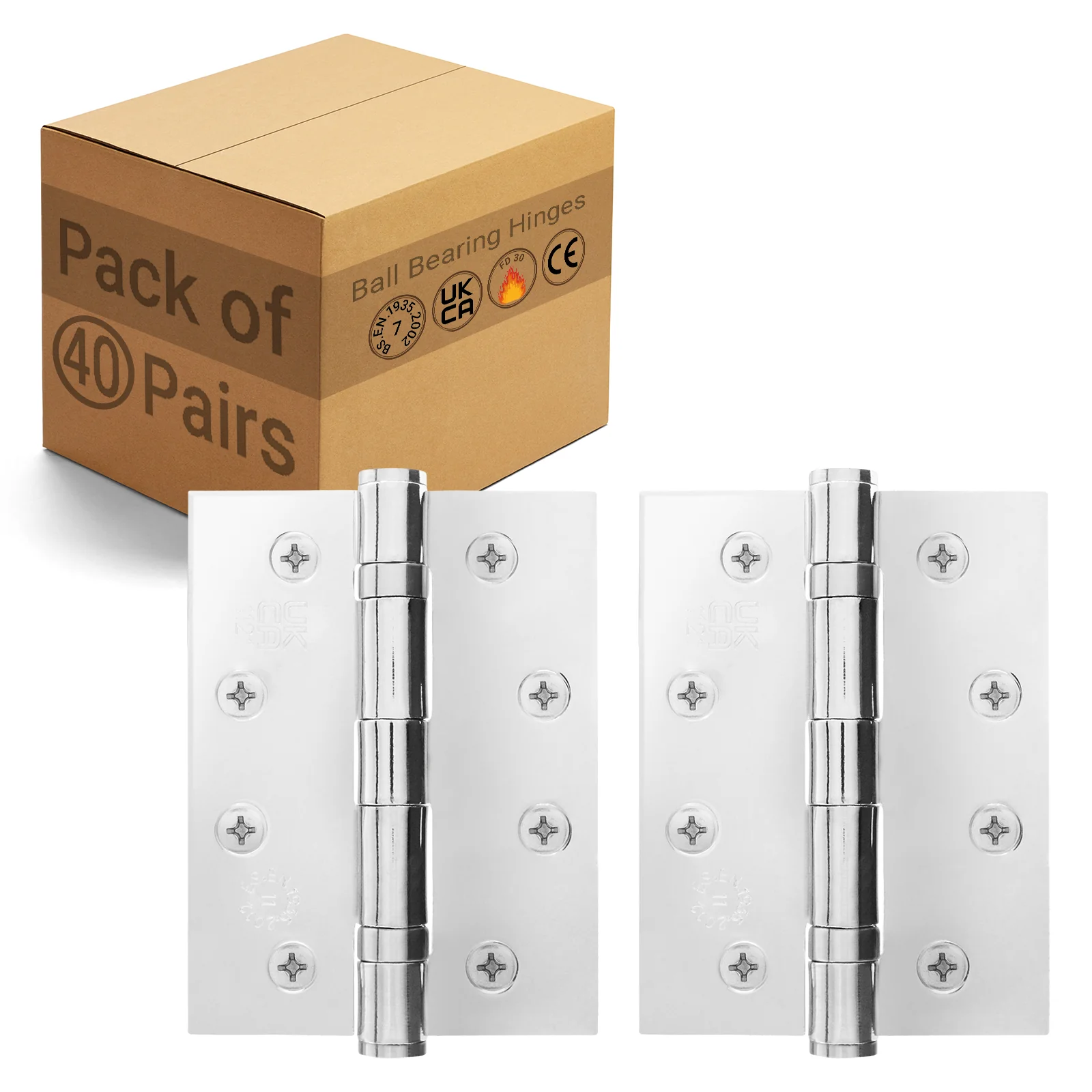 Polished Chrome Fire Door Hinges – 4 Inch/102mm – Grade 11 Steel Ball Bearing – Pack of 40 Pairs