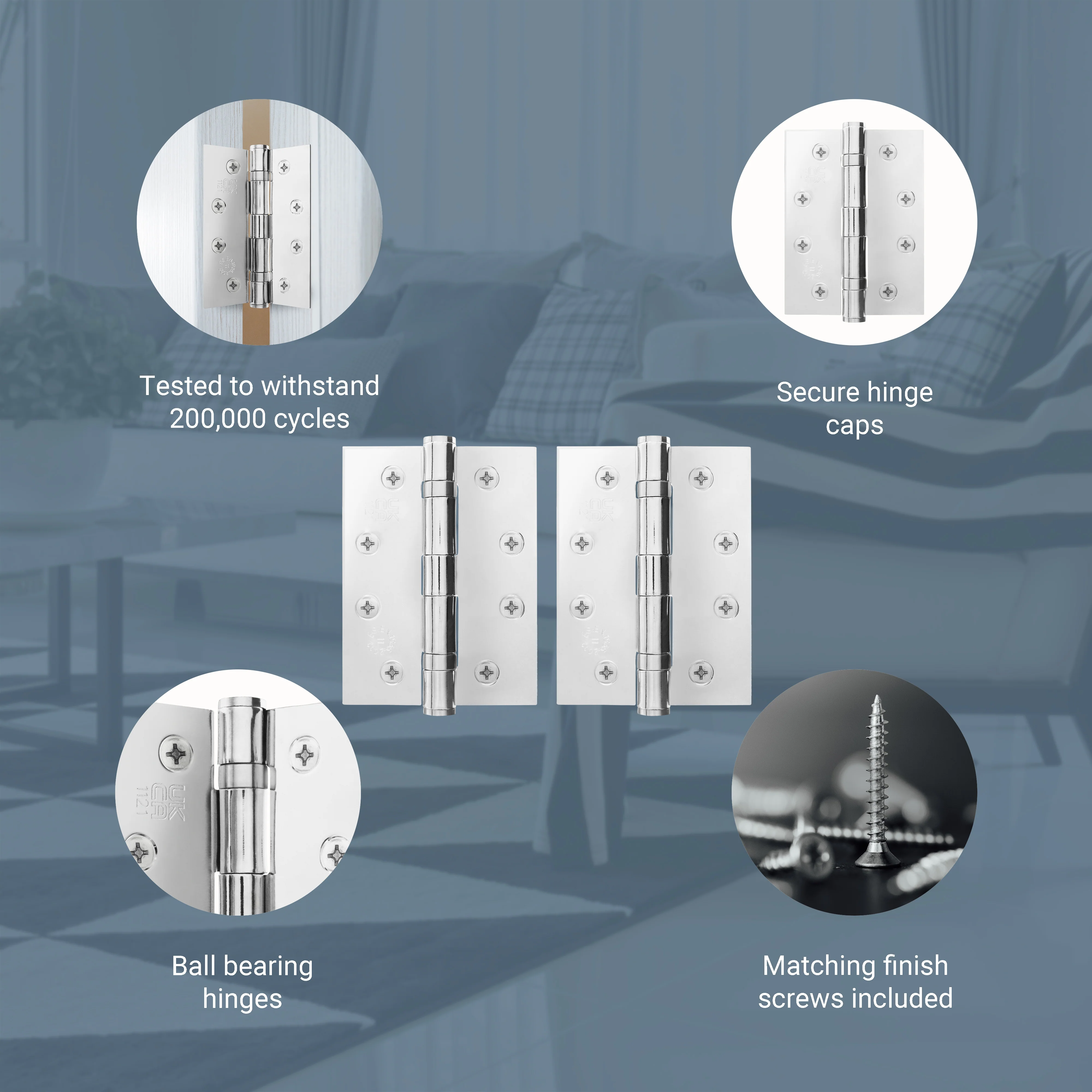 Polished Chrome Fire Door Hinges – 4 Inch/102mm – Grade 11 Steel Ball Bearing – Pair - Image 4