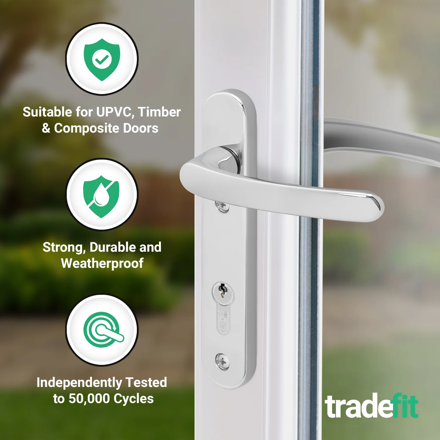 Polished Chrome UPVC Door Handles - 92mm PZ Centres - 122mm Fixing Centres - 240 x 32mm - Image 3