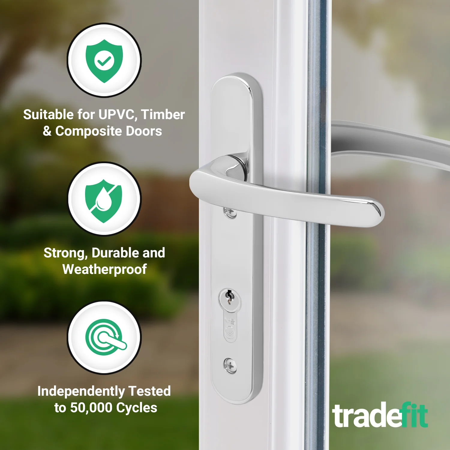 Polished Chrome UPVC Door Handles - 92mm PZ Centres - 122mm Fixing Centres - 245 x 34mm - Image 3