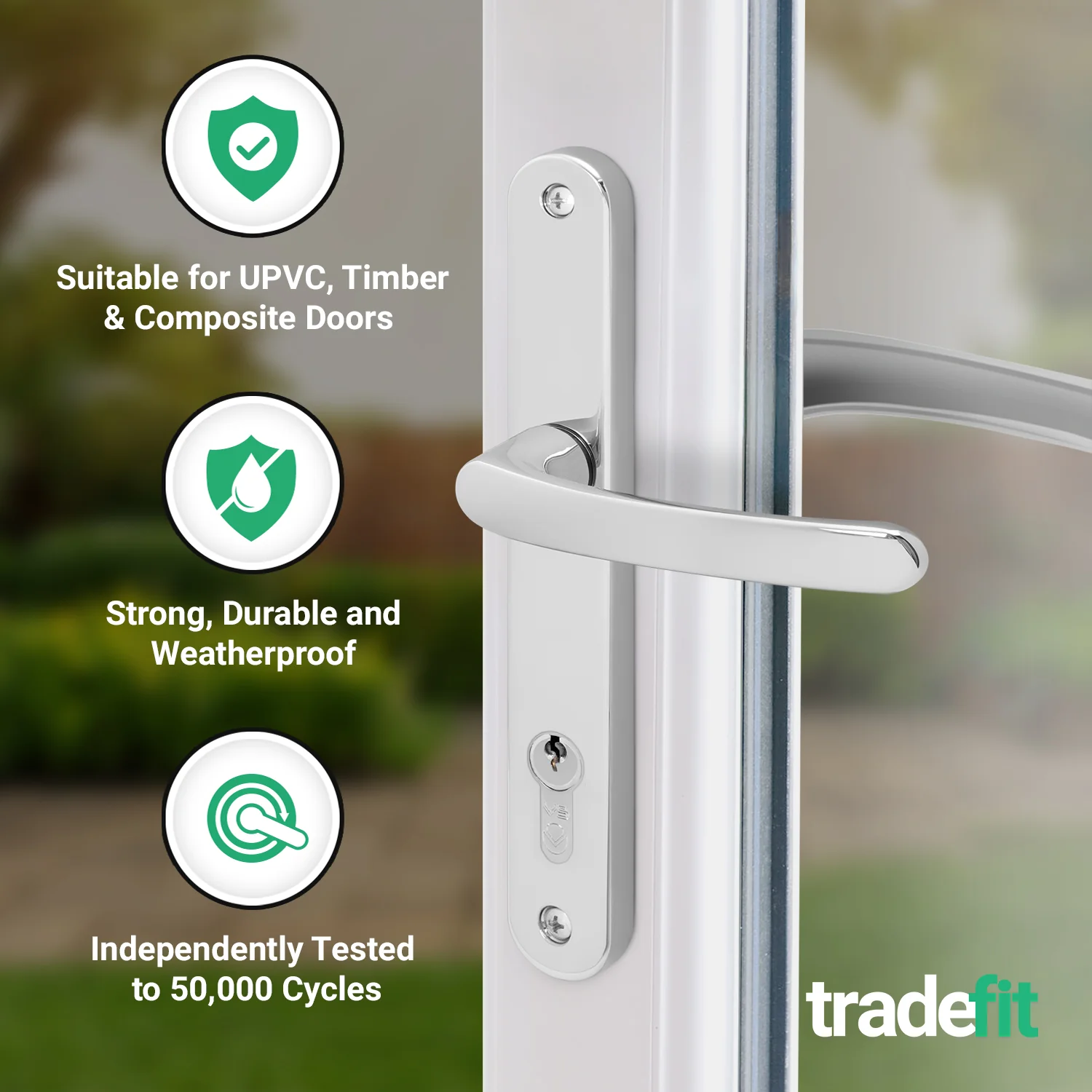 Polished Chrome UPVC Door Handles - 92mm PZ Centres - 210 mm Fixing Centres - 242 x 34mm - Image 3