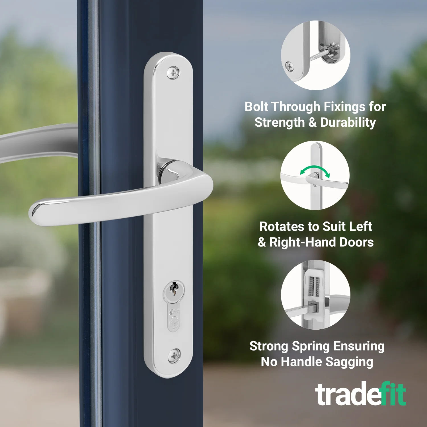 Polished Chrome UPVC Door Handles - 92mm PZ Centres - 210 mm Fixing Centres - 242 x 34mm - Image 4