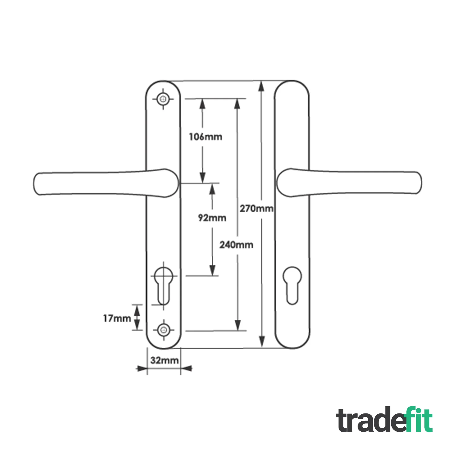 Polished Chrome UPVC Door Handles - 92mm PZ Centres - 240mm Fixing Centres - 270 x 32mm - Image 2
