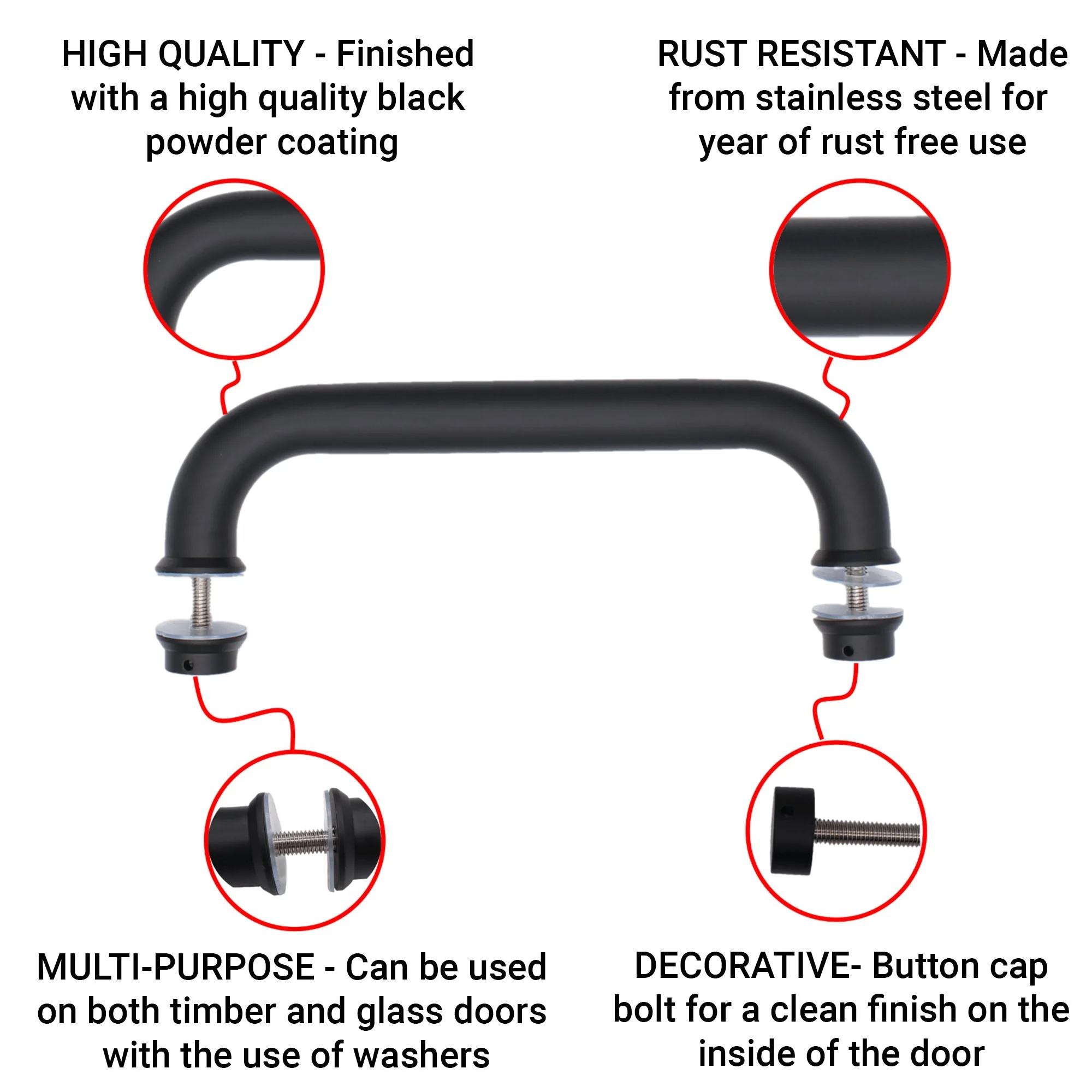 Pull Handle - Bolt Fixed - 225x25mm - Black - Image 3