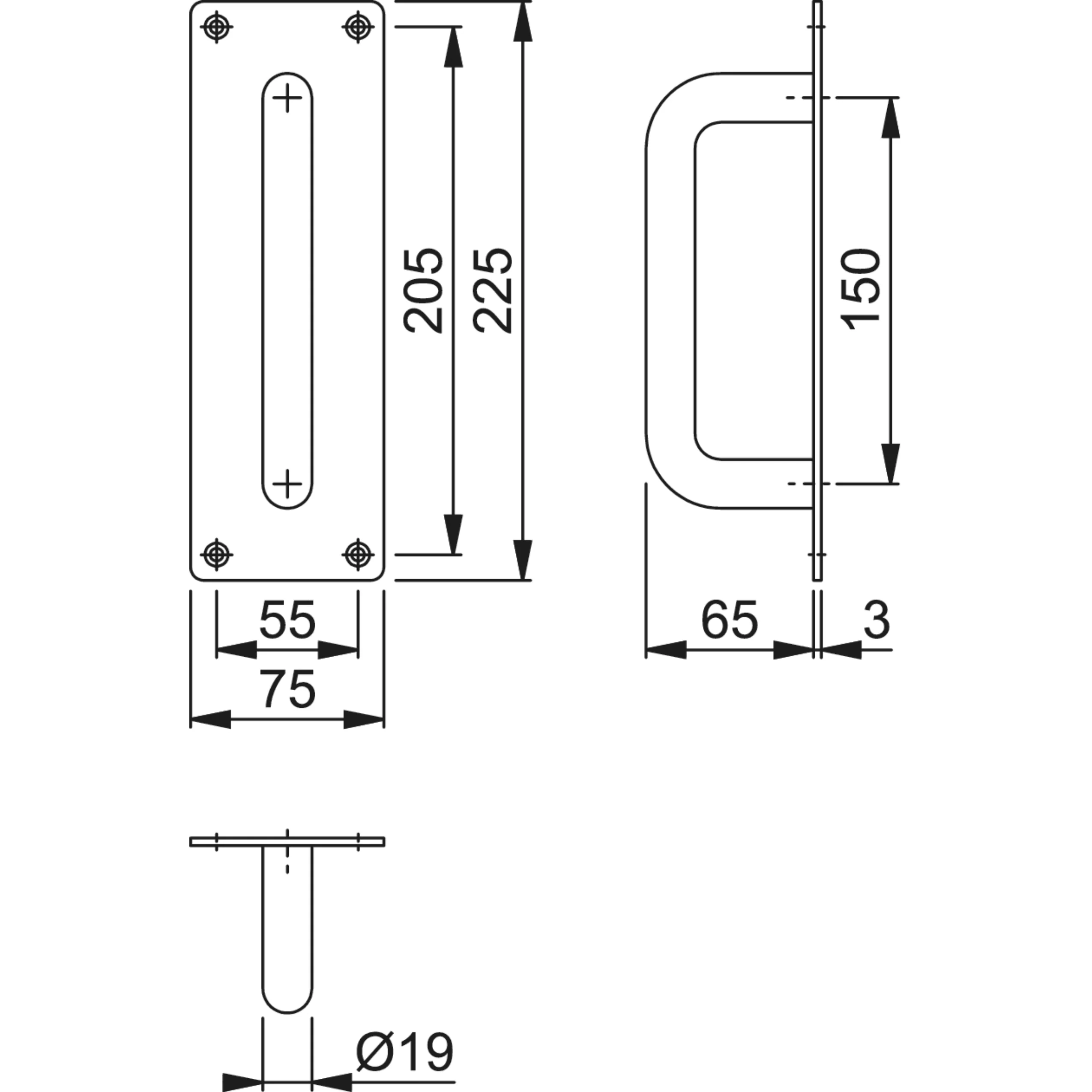 Pull Handle On Plate 150x19mm Pull on 225x75x3mm Plate - SAA Satin Aluminium - Image 2