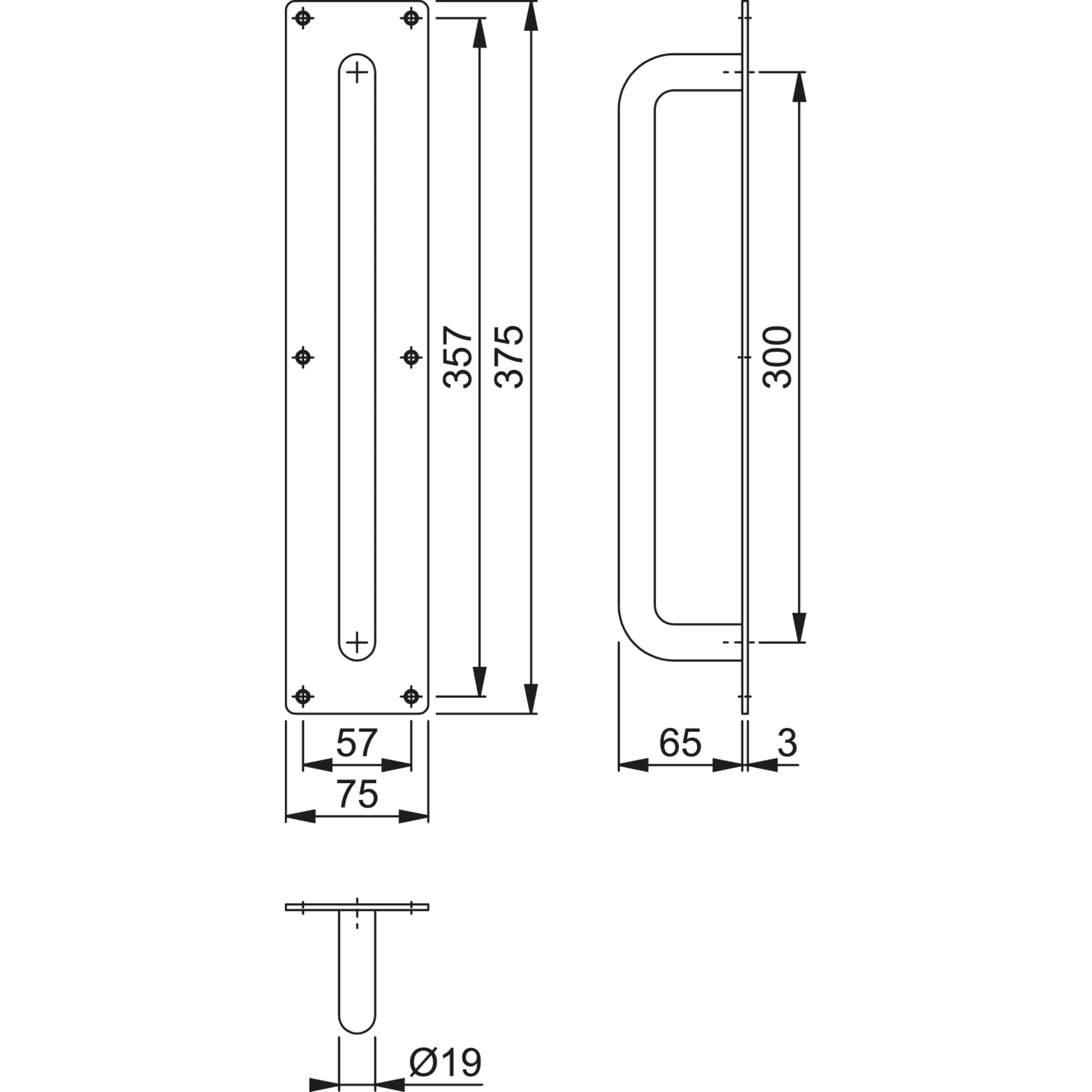 Pull Handle On Plate 300x19mm Pull on 375x75x3mm Plate - SAA Satin Aluminium - Image 2