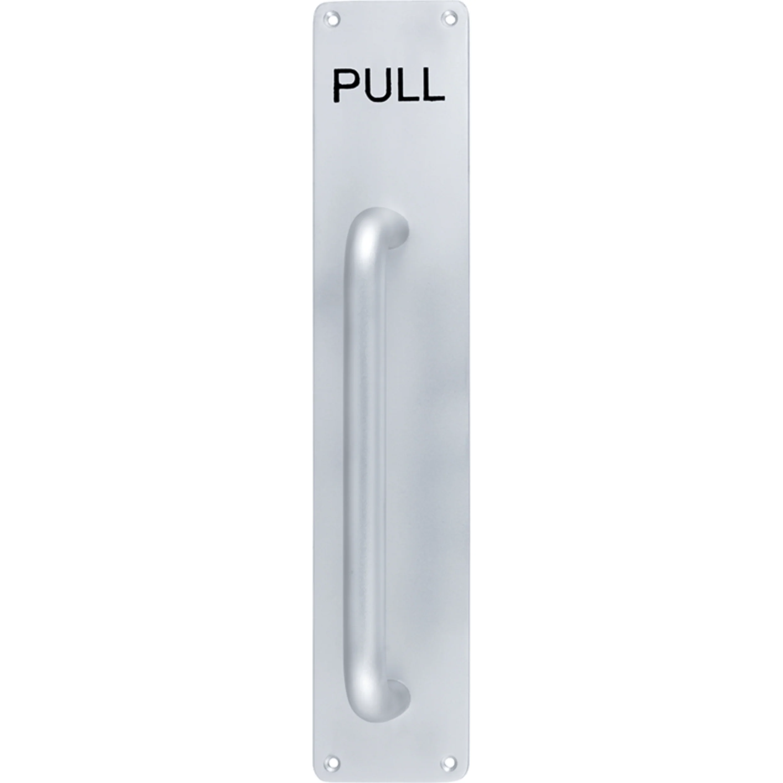 Pull Handle On PULL Engraved Plate 300x19mm Pull on 375x75x3mm Plate - SAA Satin Aluminium