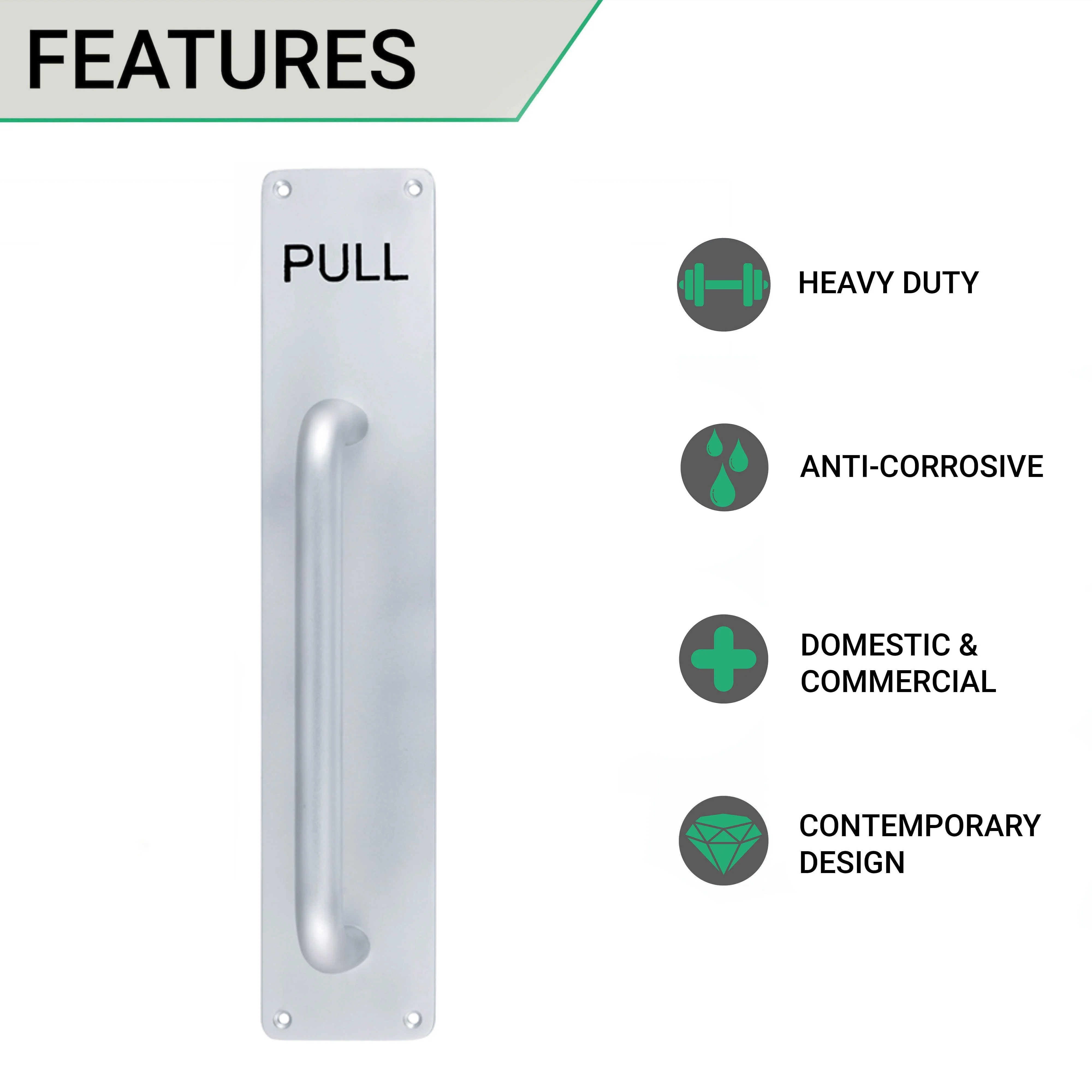 Pull Handle On PULL Engraved Plate 300x19mm Pull on 375x75x3mm Plate - SAA Satin Aluminium - Image 2