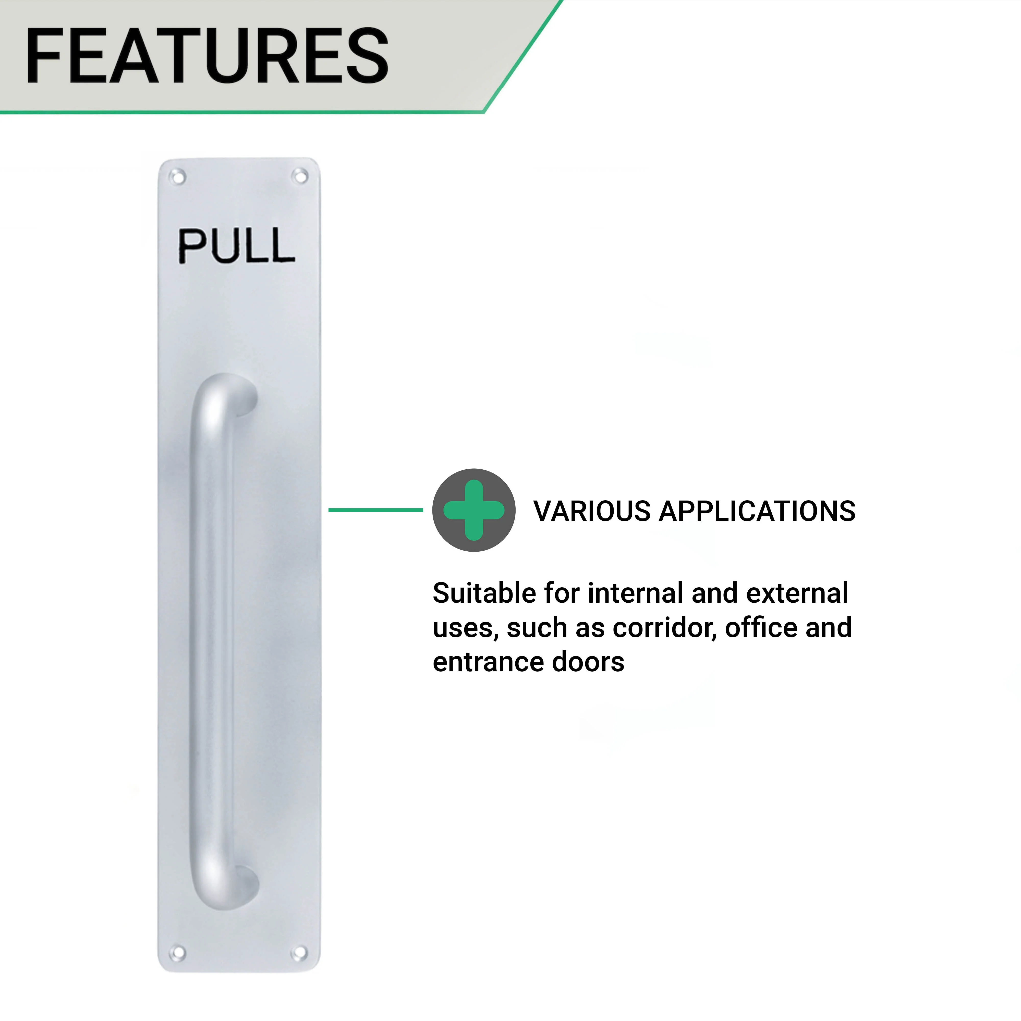 Pull Handle On PULL Engraved Plate 300x19mm Pull on 375x75x3mm Plate - SAA Satin Aluminium - Image 3
