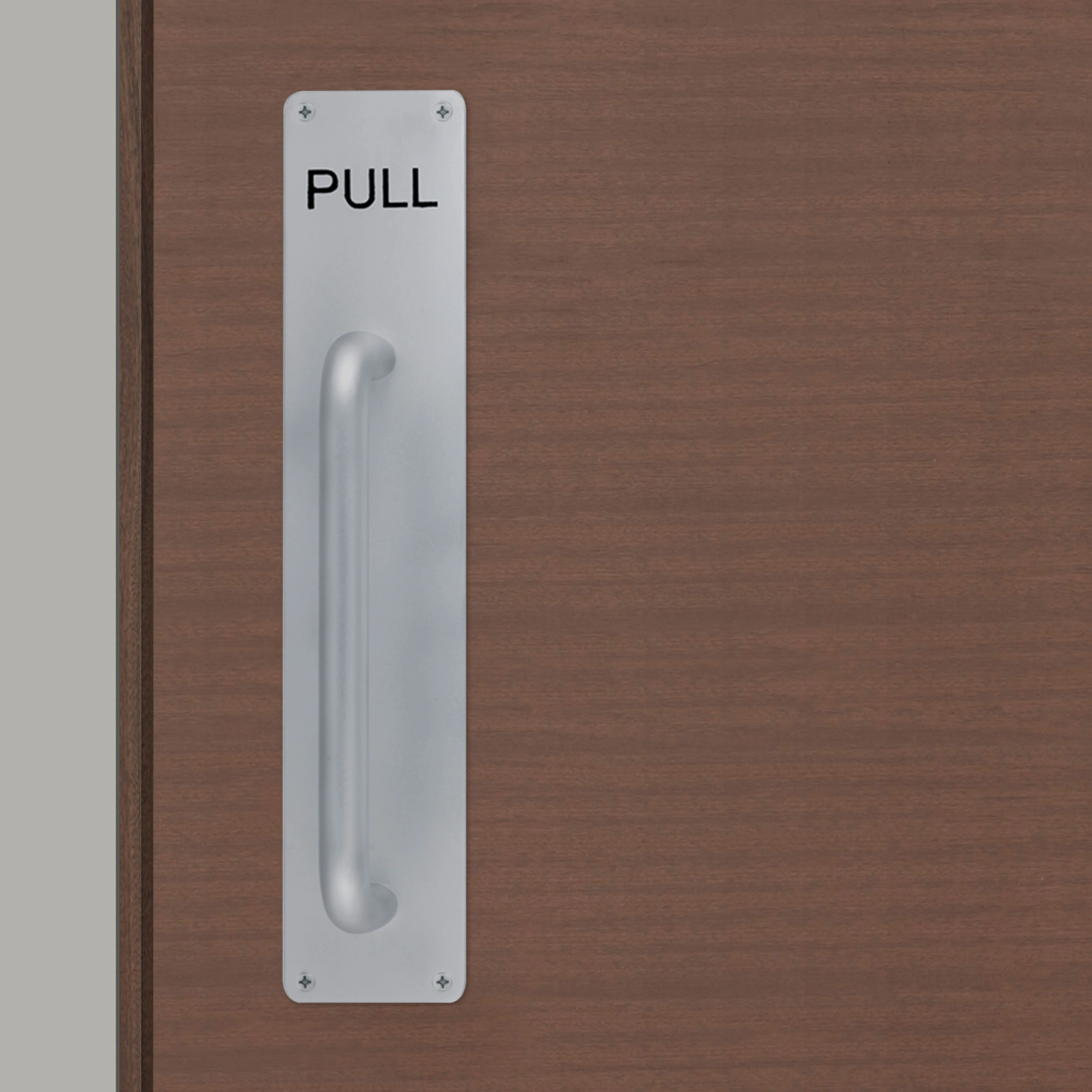 Pull Handle On PULL Engraved Plate 300x19mm Pull on 375x75x3mm Plate - SAA Satin Aluminium - Image 5