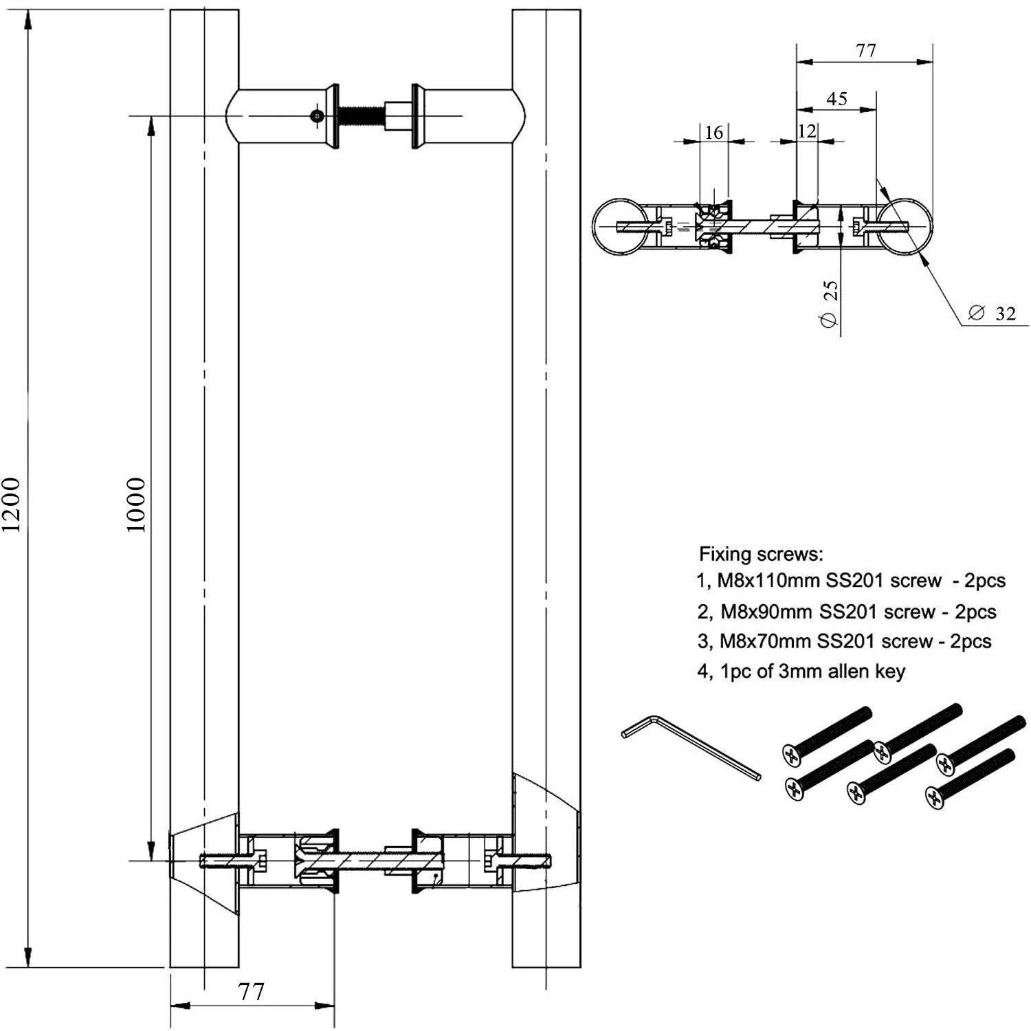 Guardsman Entrance Pull Handles - Back To Back Fix - 1200 x 32mm 1000mm c/c - Satin Stainless Steel - Image 2