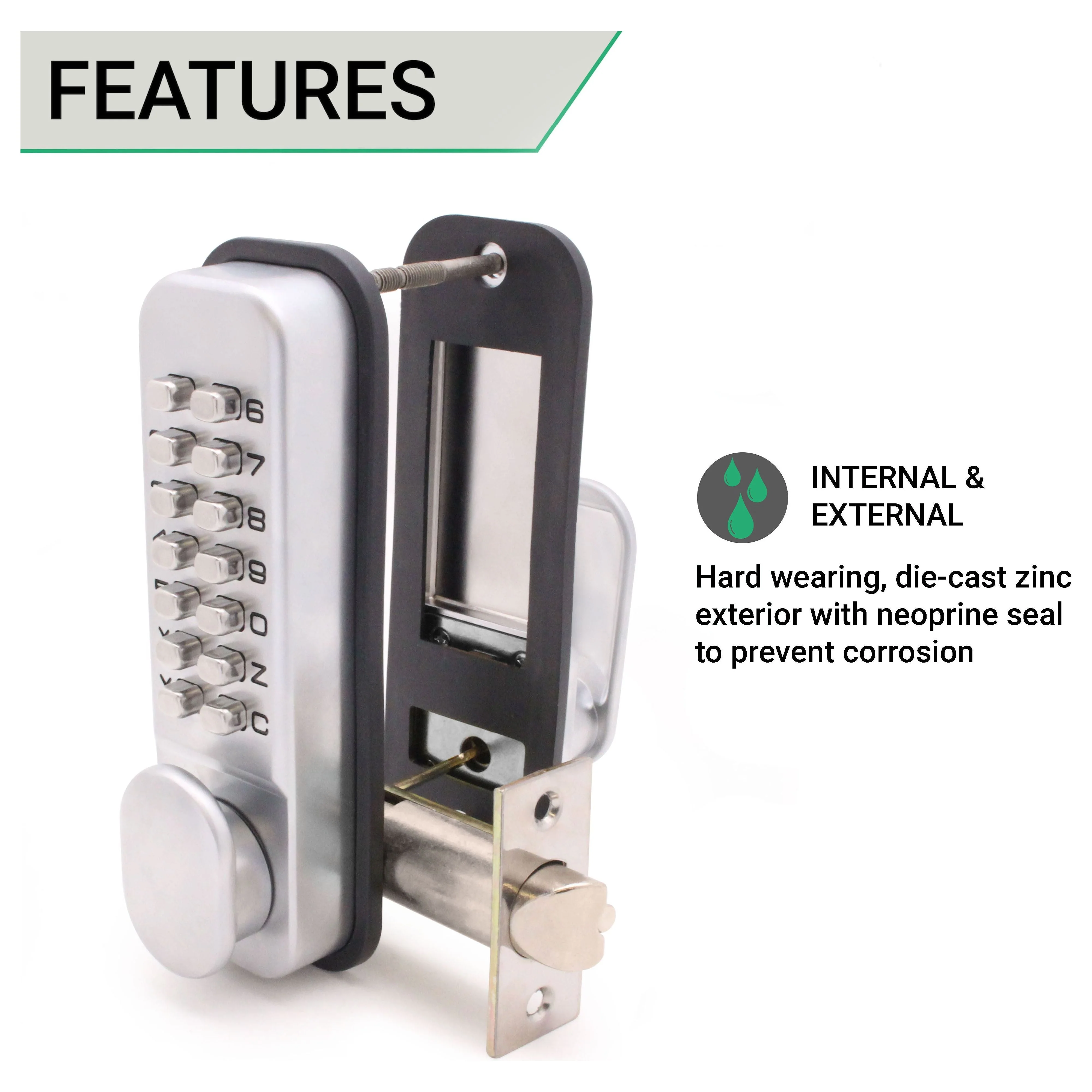 Push Button Mechanical Digital Code Lock - Fire Rated - Satin Chrome - Image 3