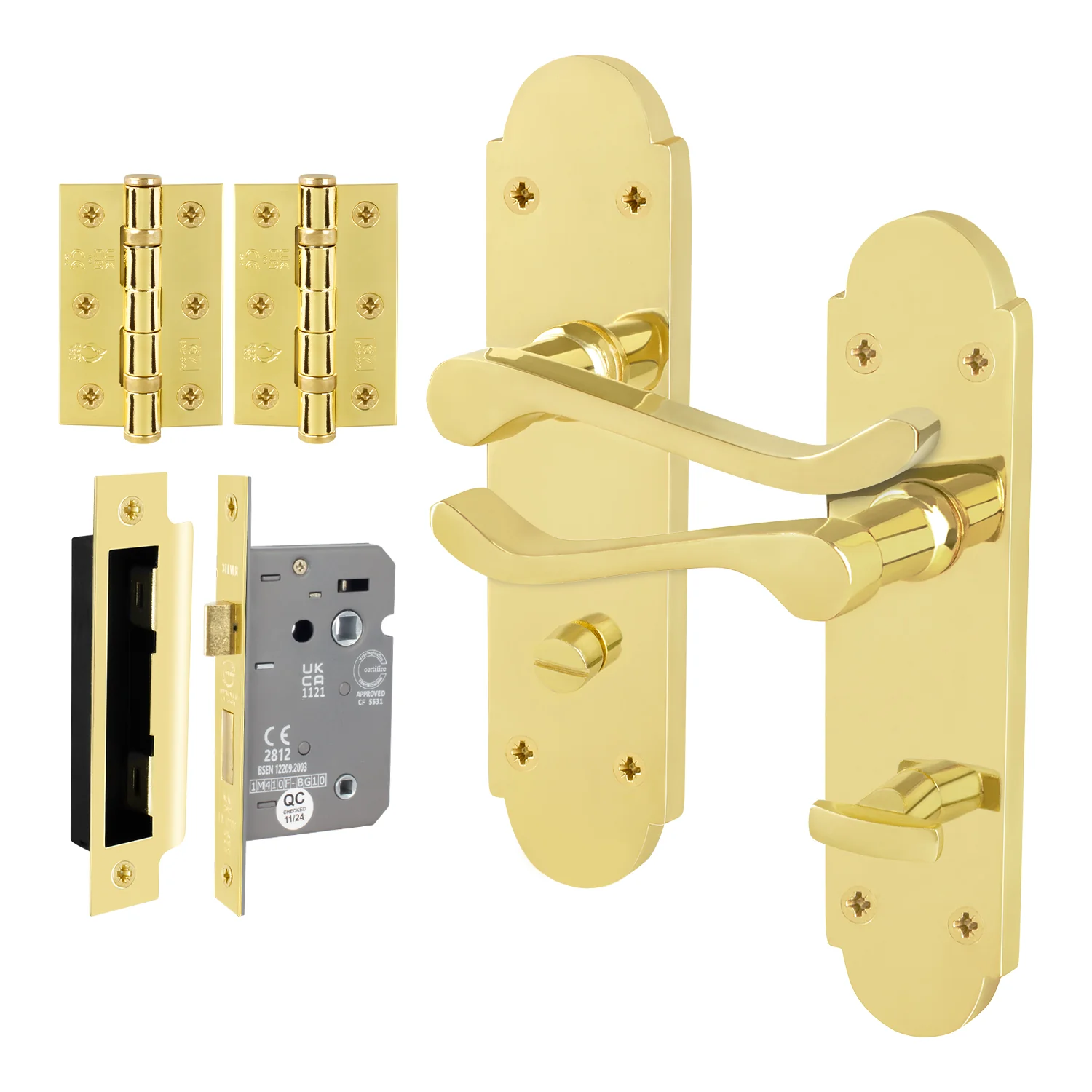 Victorian Rectory Polished Brass Lever Door Handle Pack - 80mm Bathroom Lock