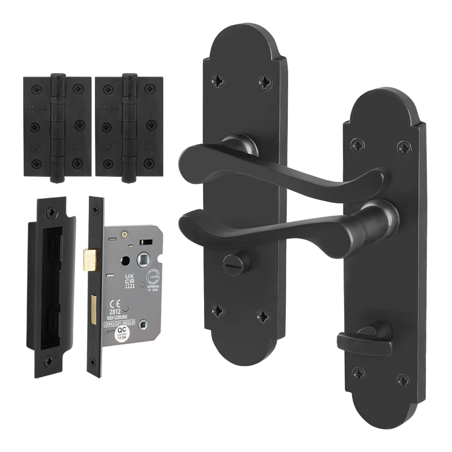 Victorian Rectory Black Door Handle Pack - 80mm Bathroom Lock